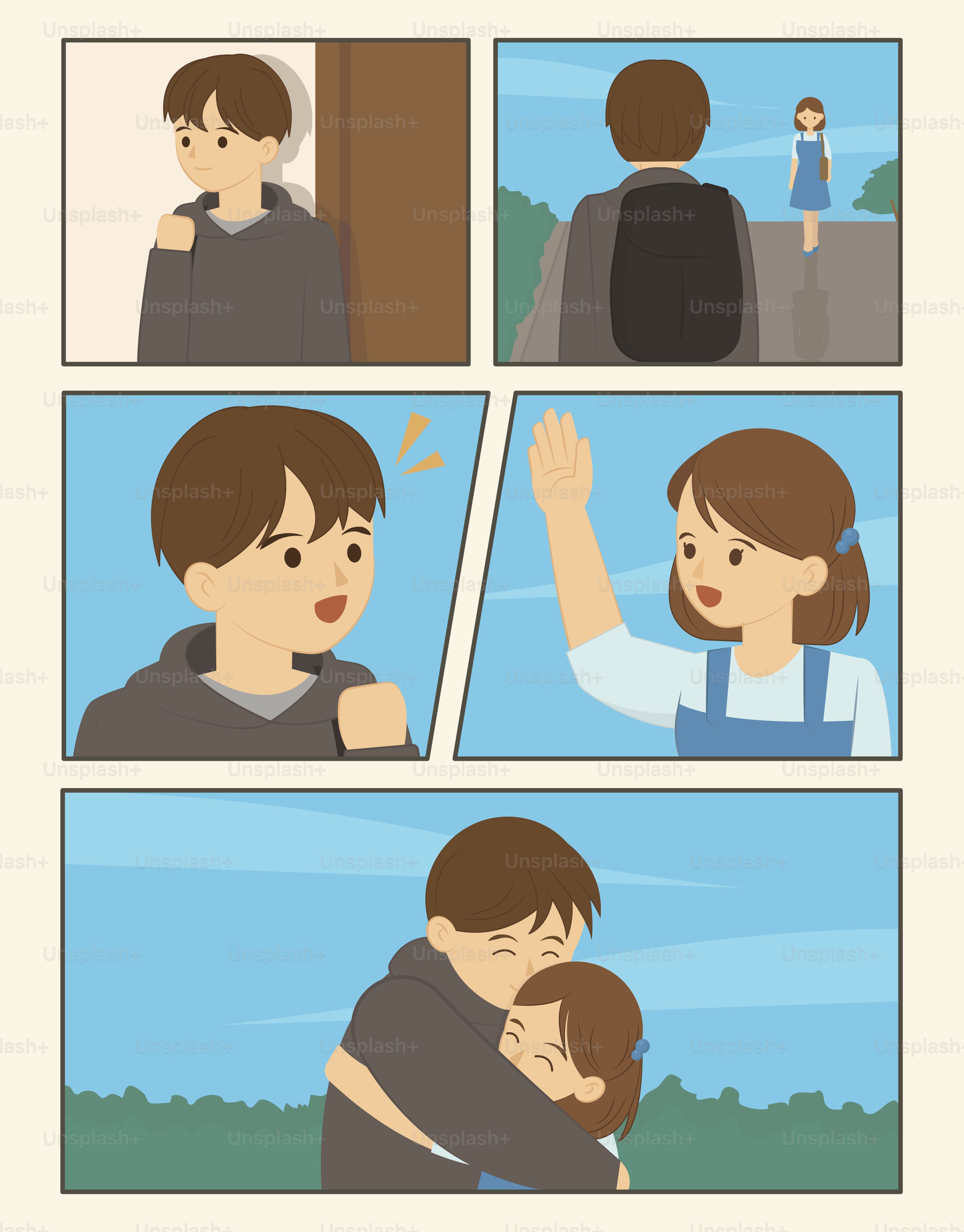 A boy reunites with a girl and hugs her.