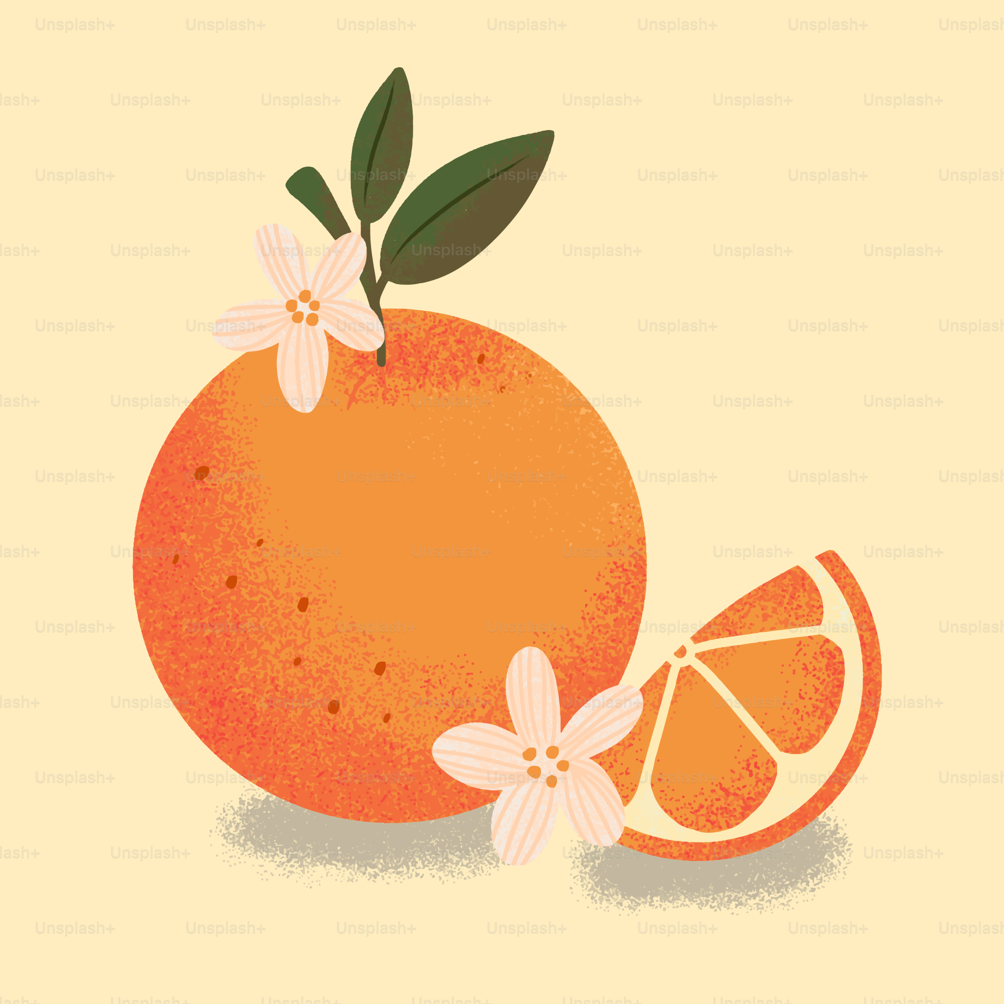 A bright orange with flowers and a slice.