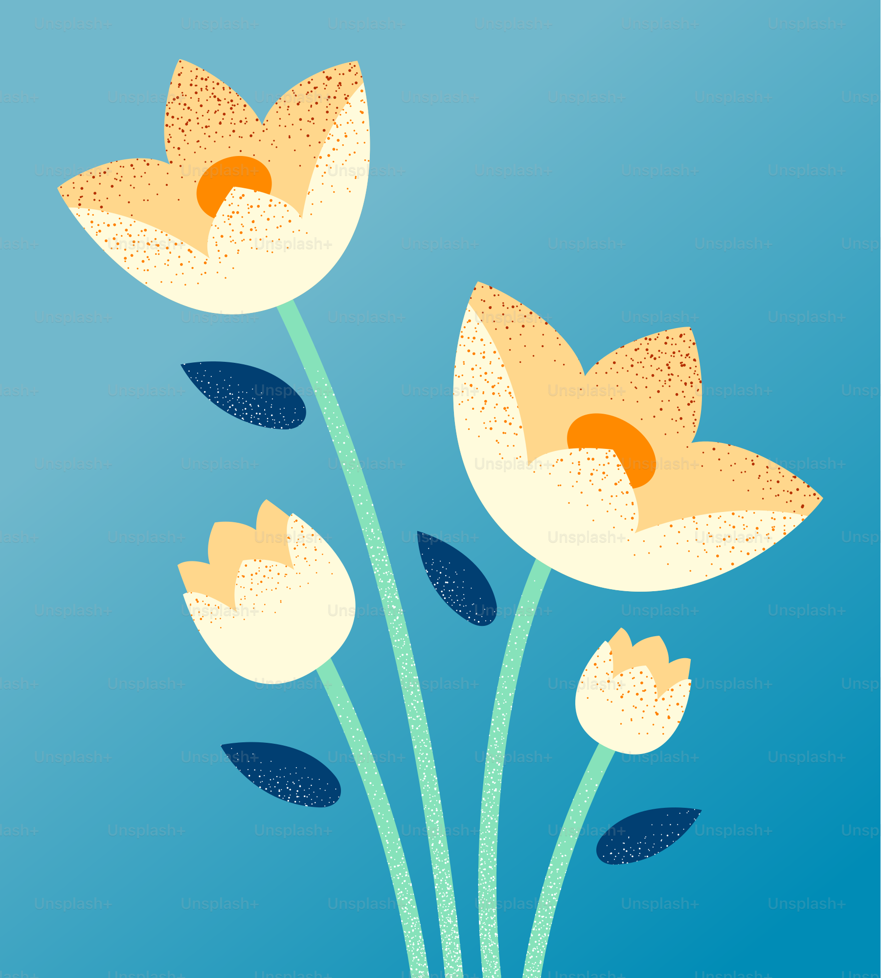 Four stylized flowers bloom against a blue background.