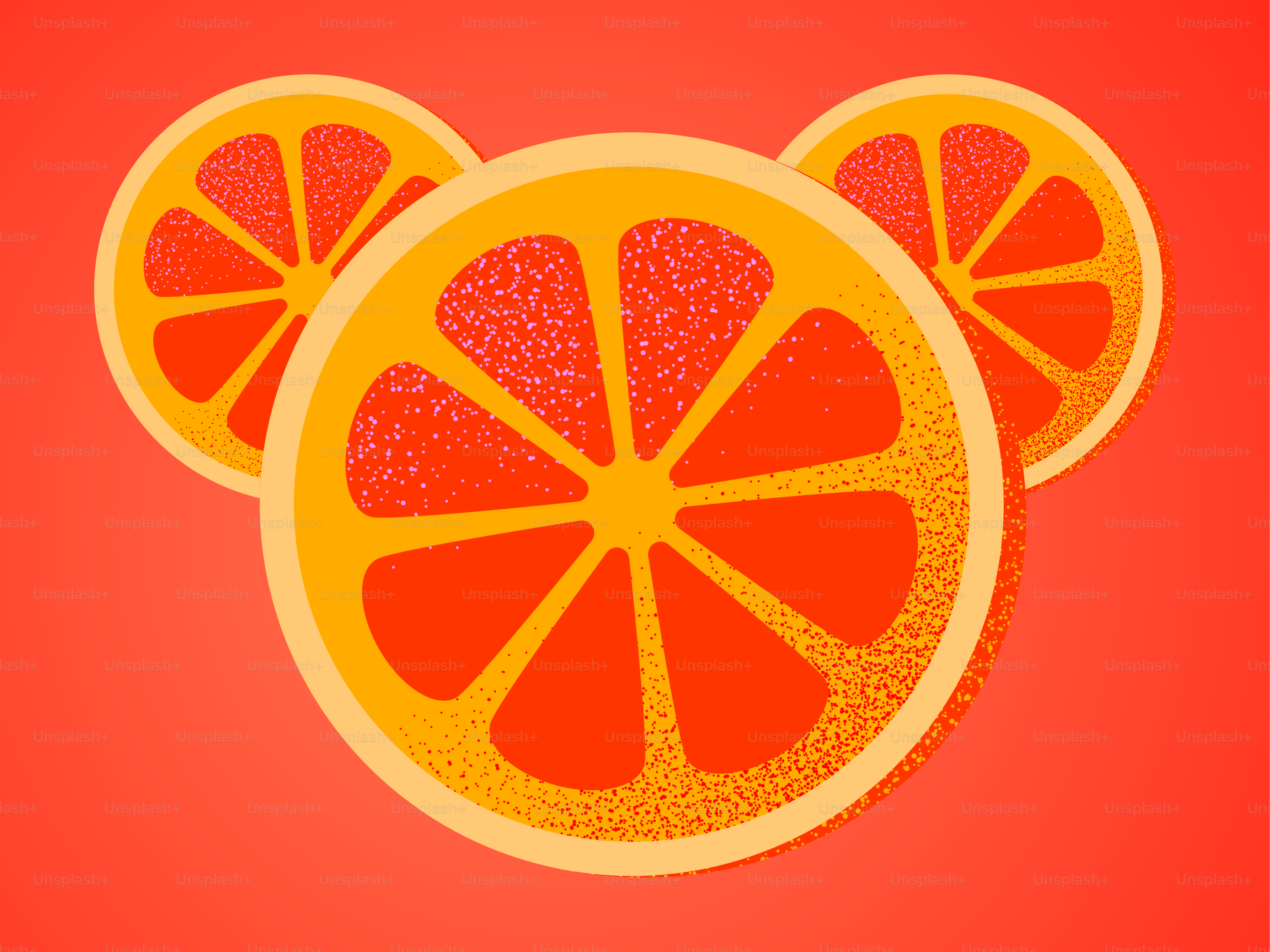 Three orange slices are arranged on a red background.