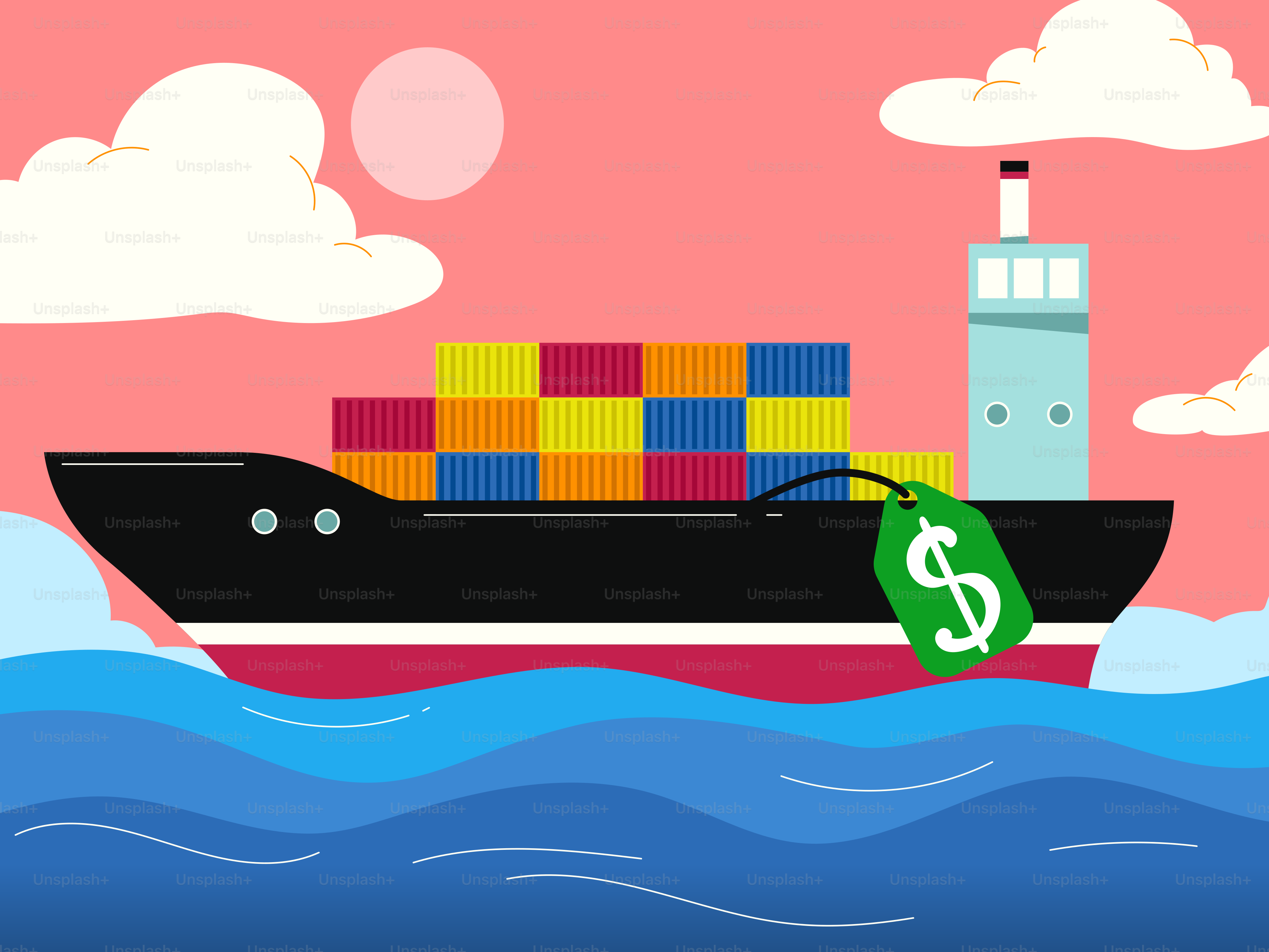 Conteneur maritime avec une étiquette de prix en signe dollar.