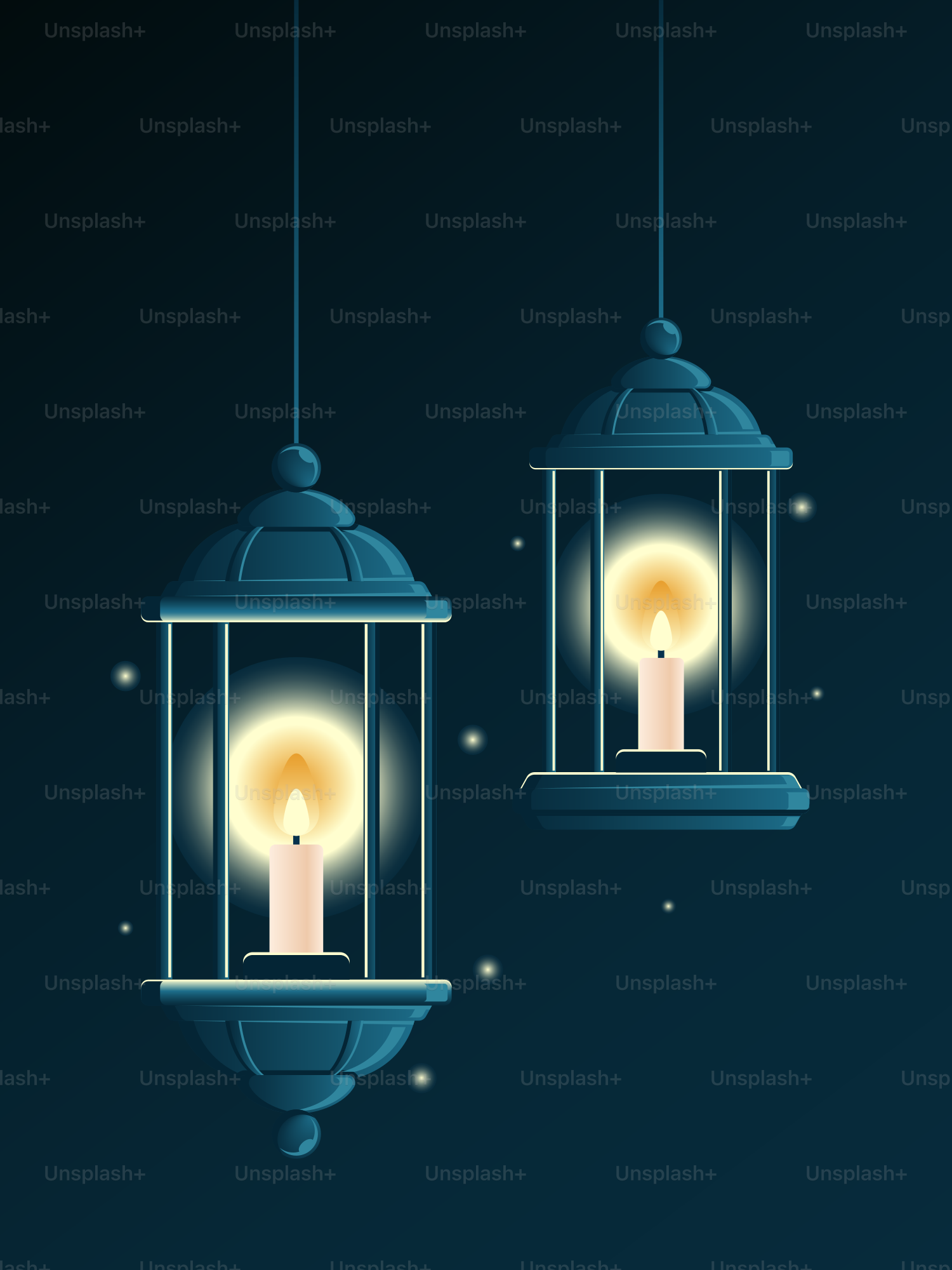 Deux lanternes lumineuses flottent dans l’obscurité.