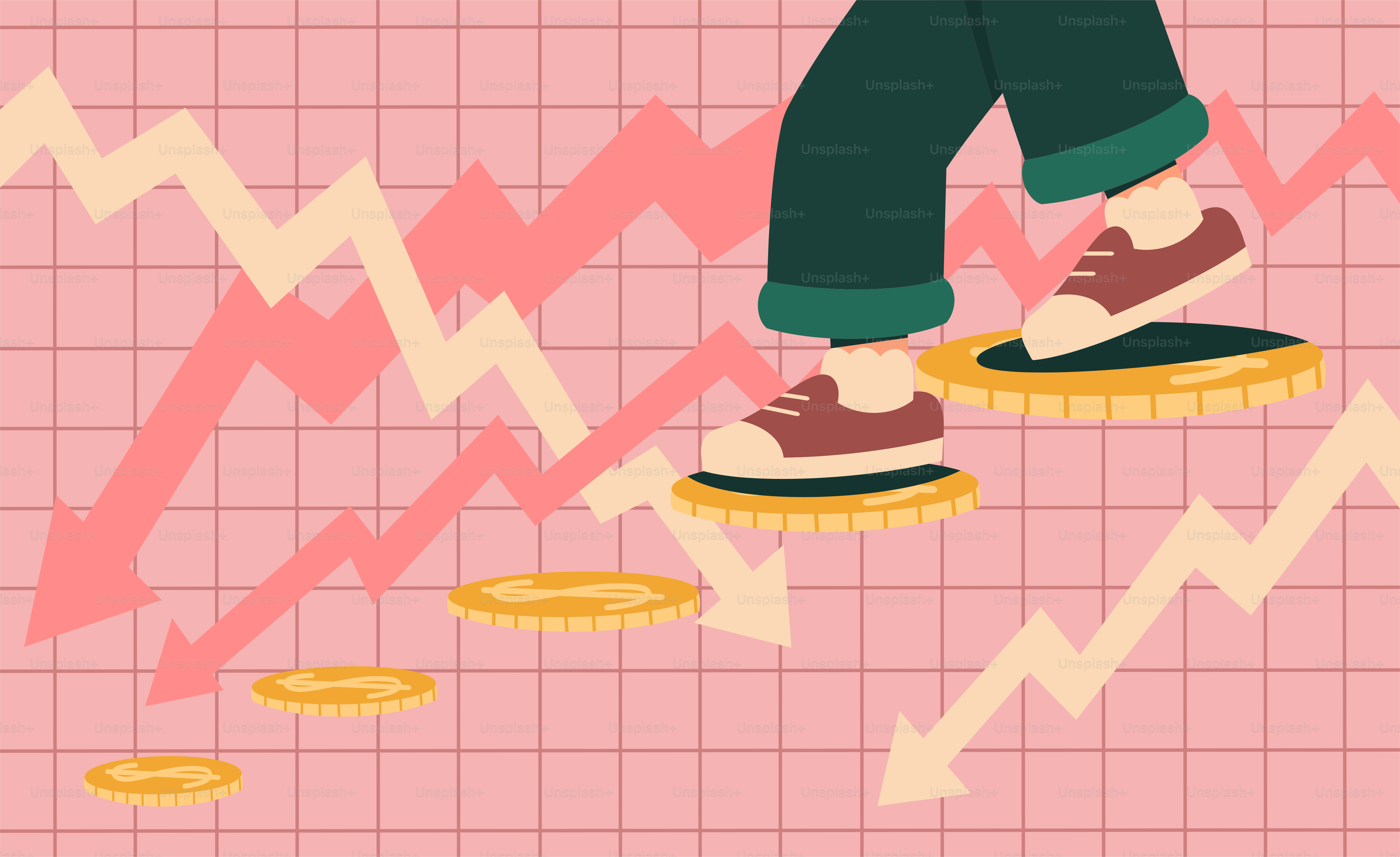 人が下り坂のチャートを進む際にコインを踏みます。のベクター – Unsplashのお金の画像
