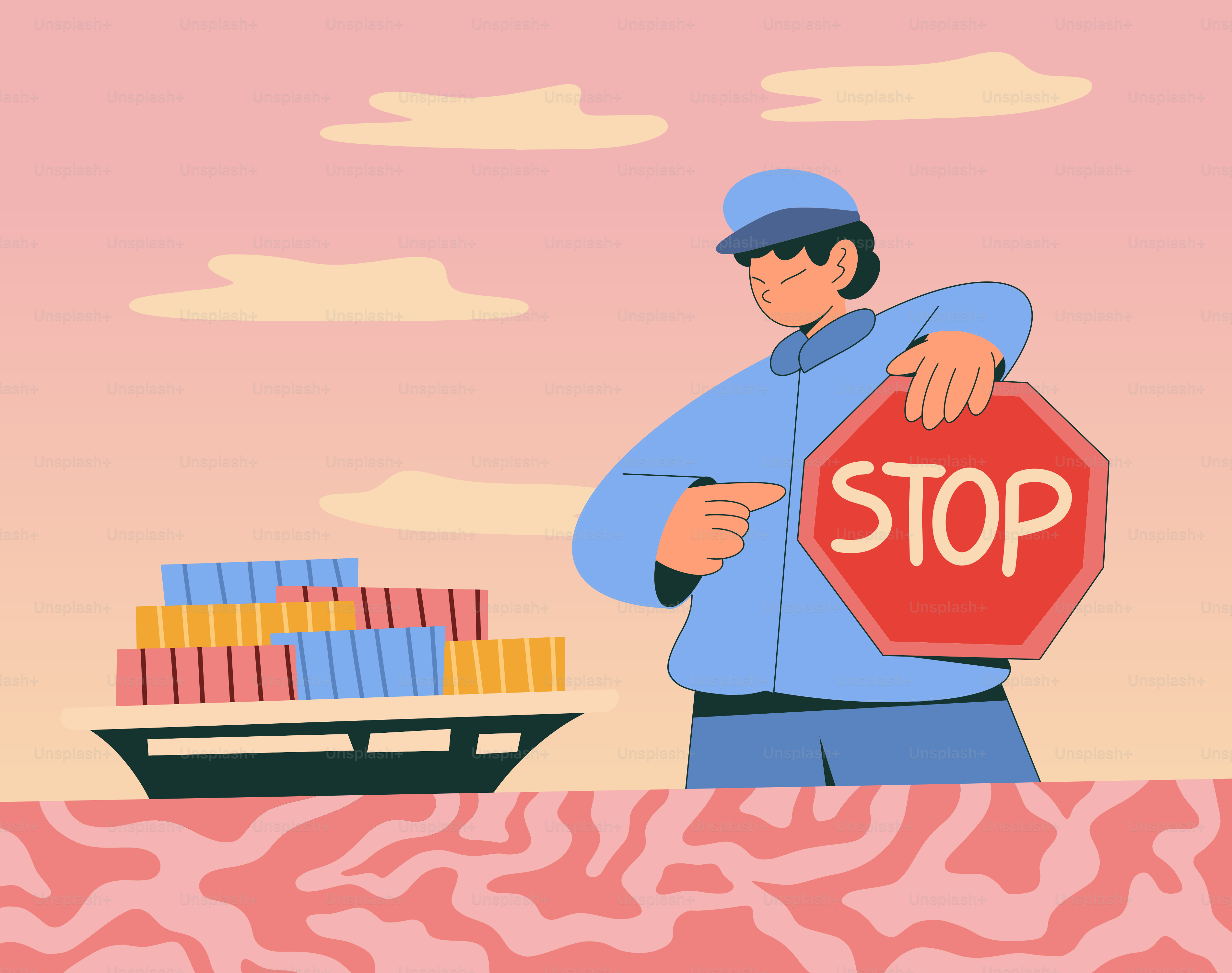 The customs official is stopping a cargo ship.