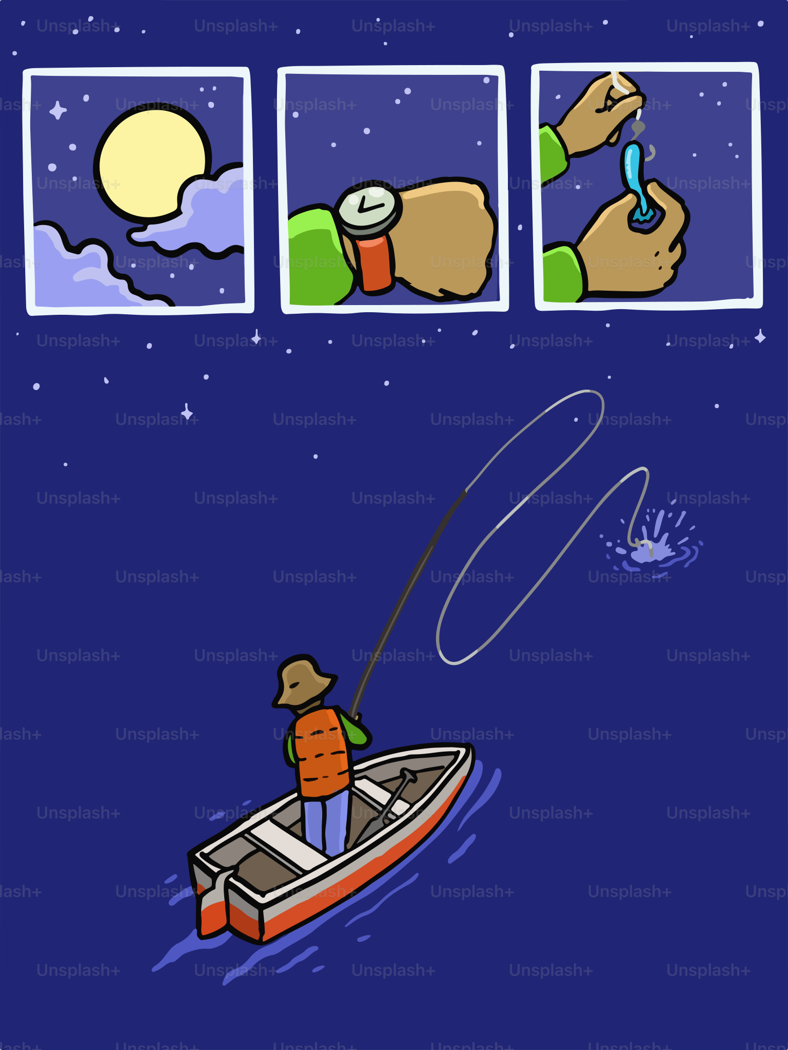 A person goes night fishing in a boat.