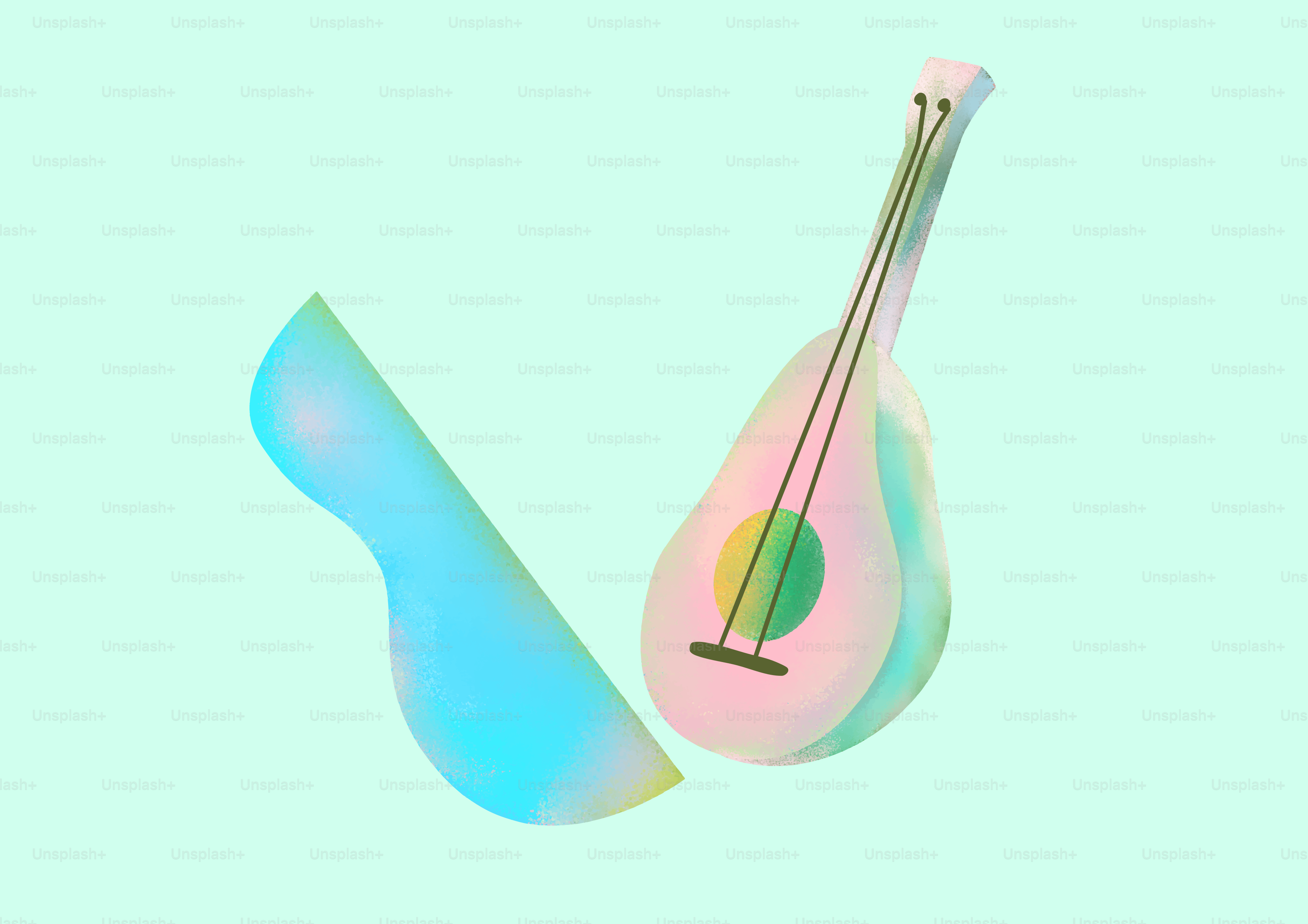 A mandolin and bow float against a teal background.