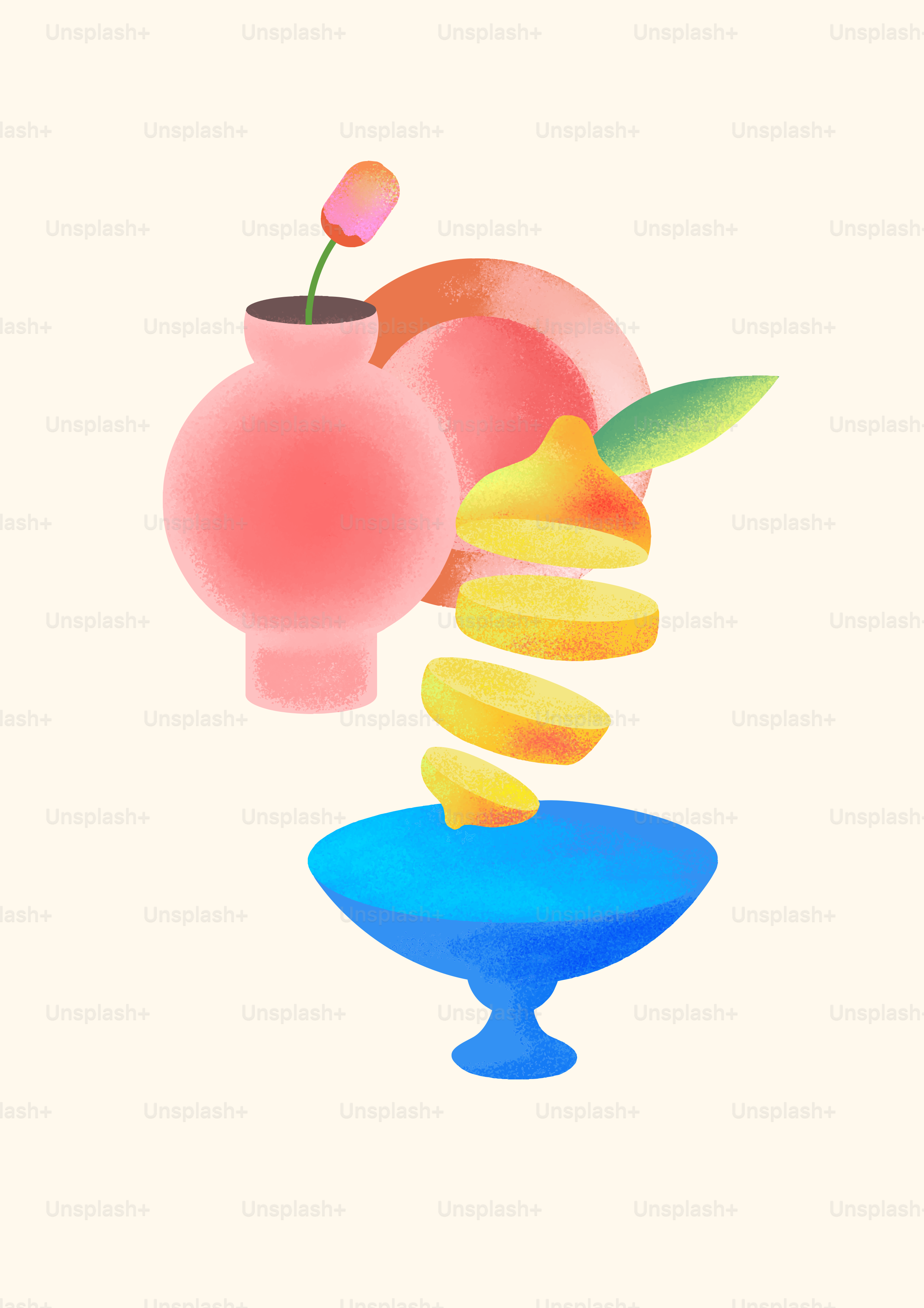 Un vase rose et une composition fruitée.