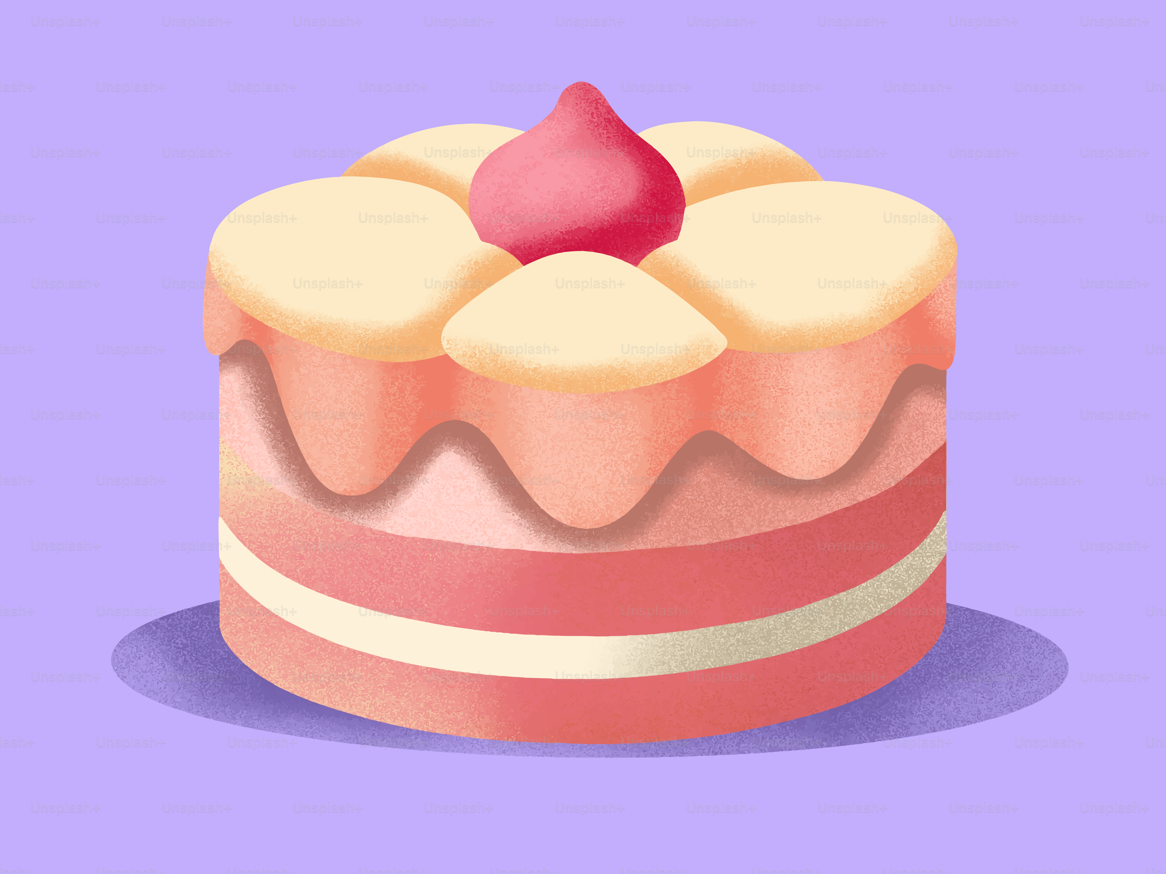 A colorful cake with cream and a strawberry.