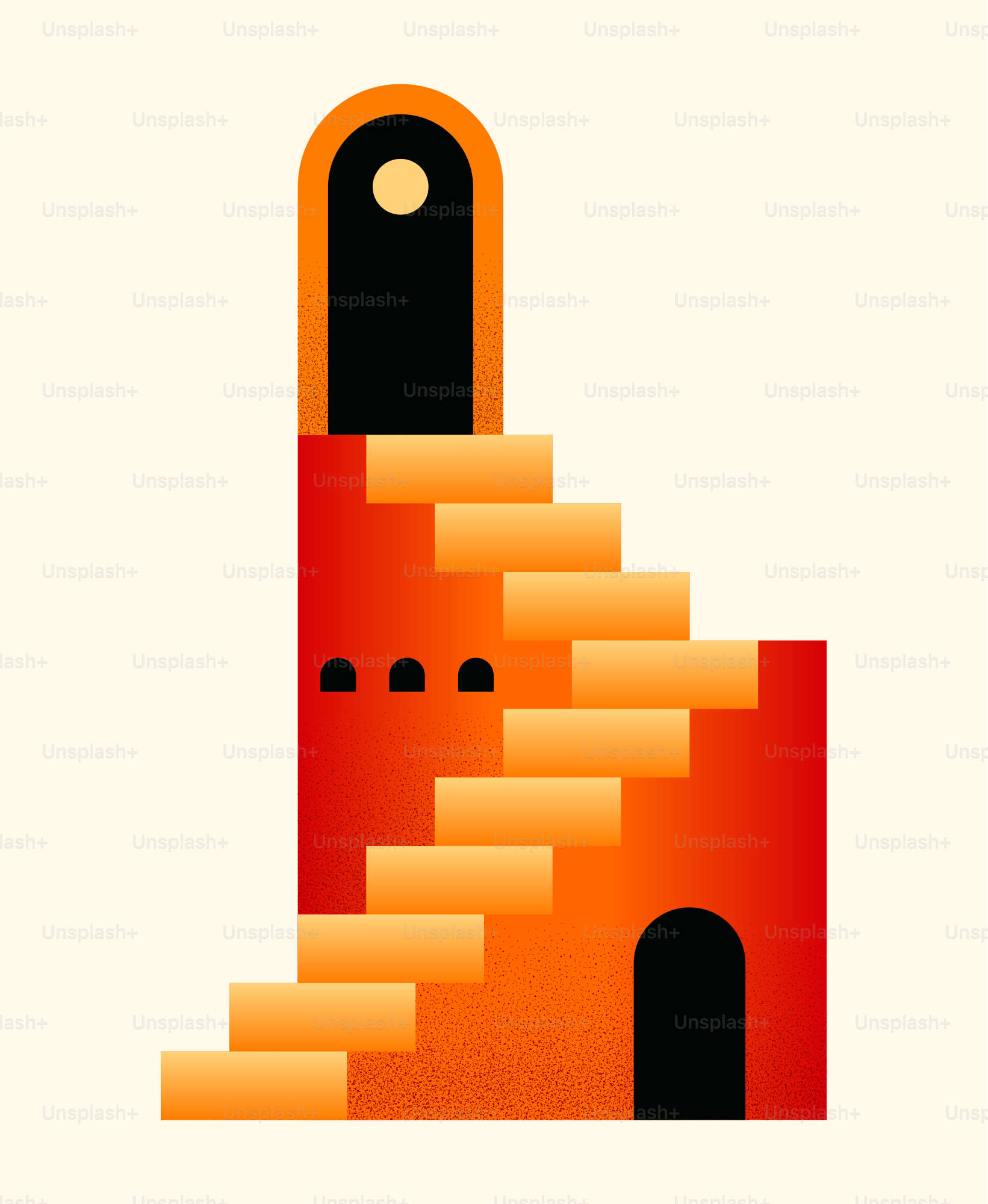 A staircase leads to a dark door.