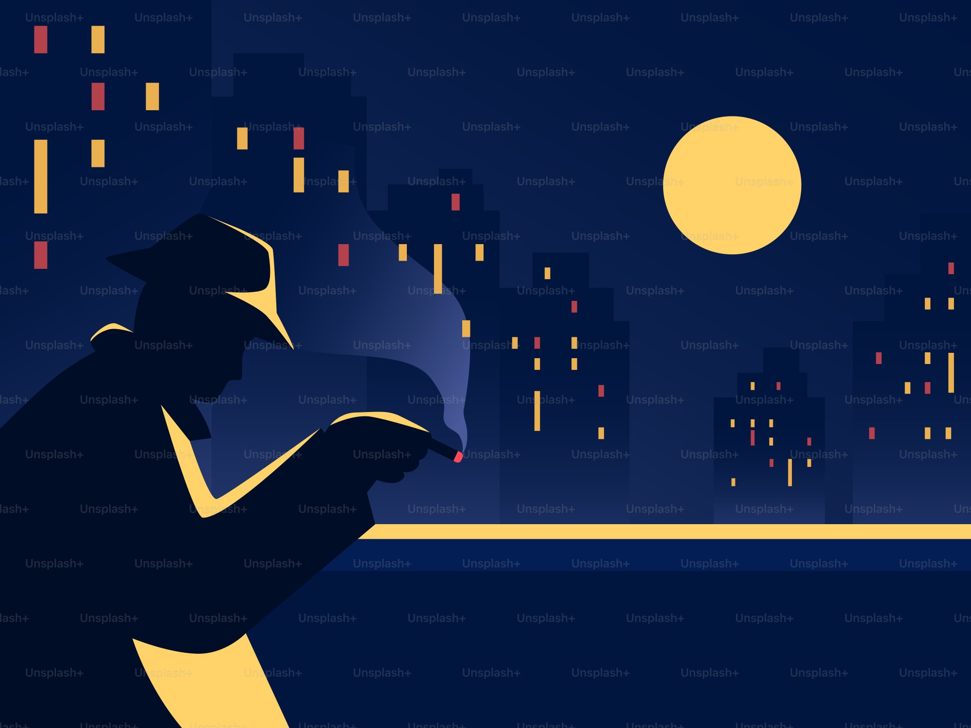 A detective smokes a cigarette under the night sky.