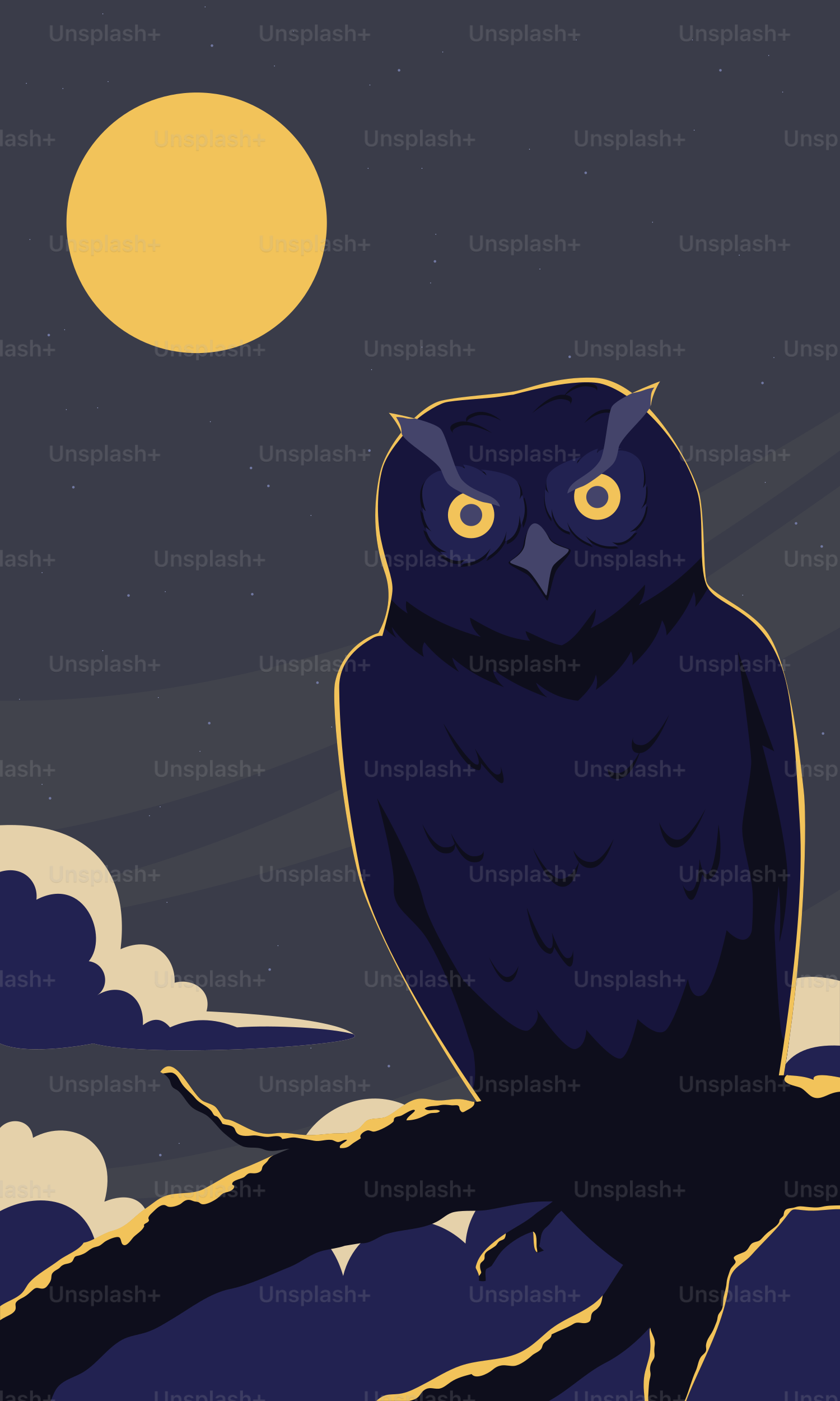 An owl sits silhouetted against a moonlit night.