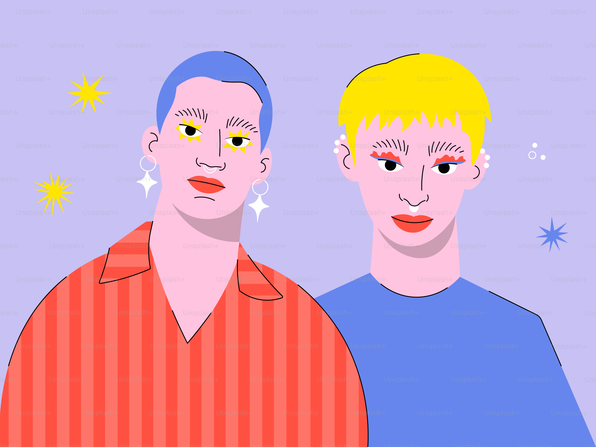 Two people with bold makeup and colorful hair.