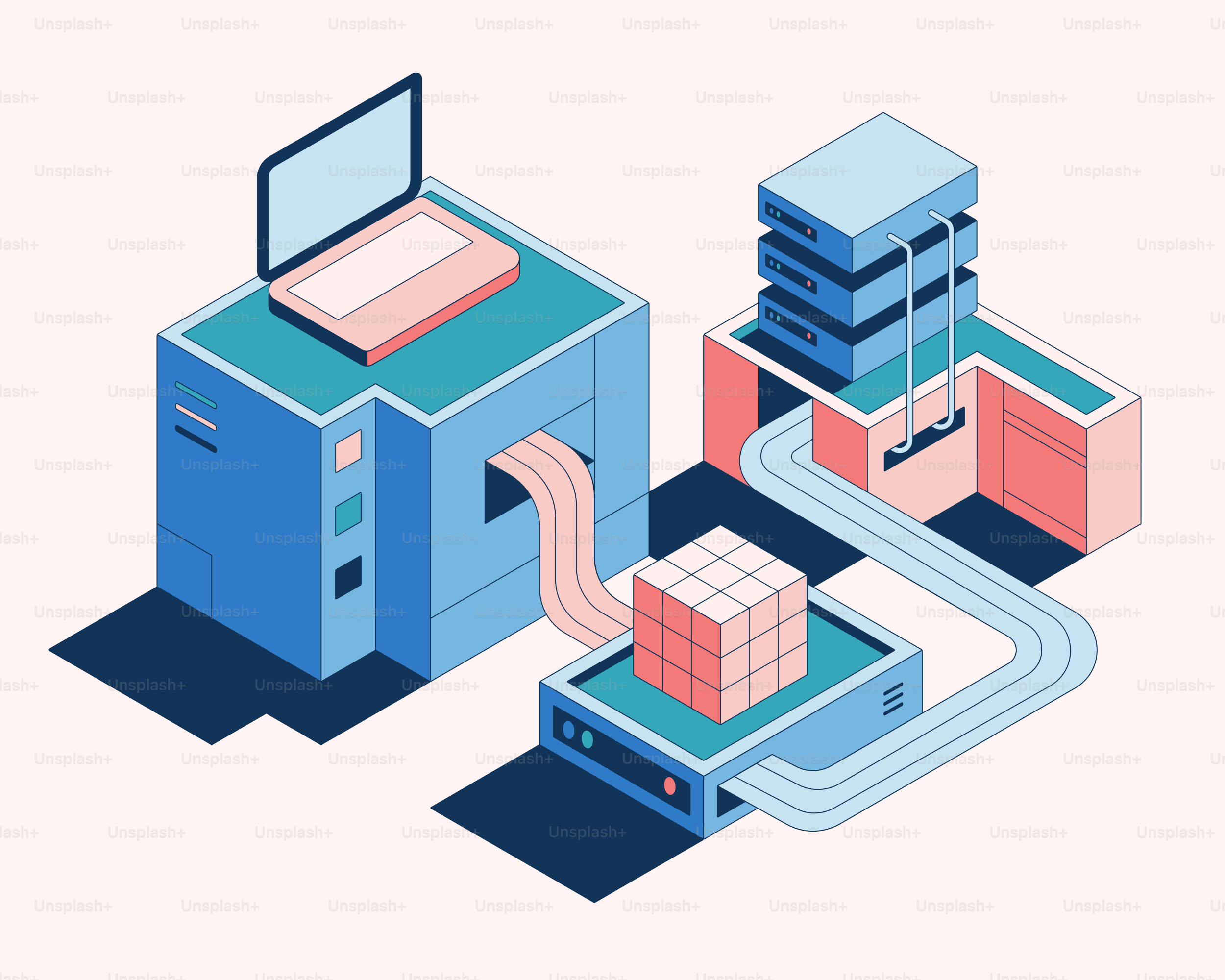 Data processing and connection between servers and laptop. vector ...