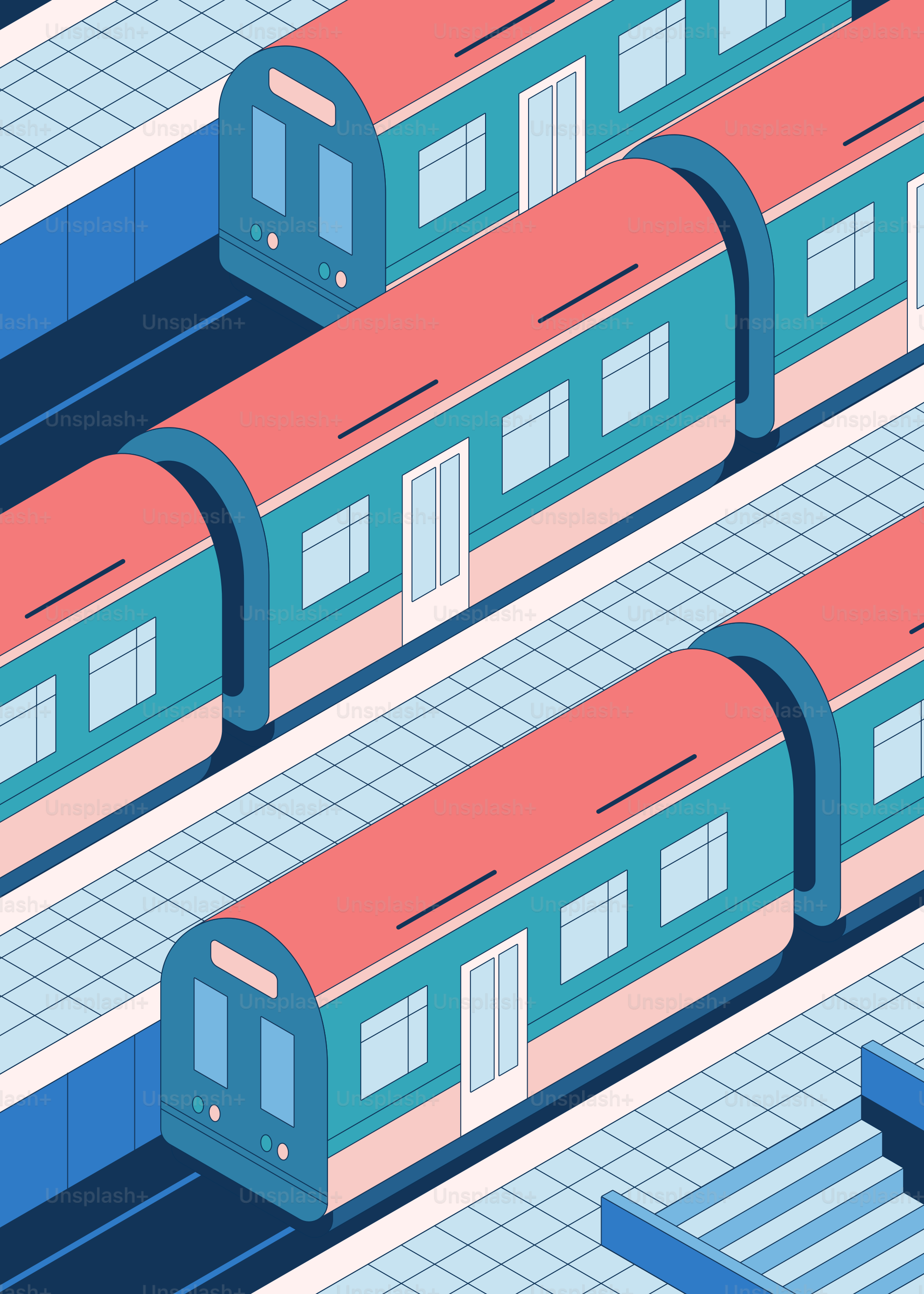 Subway trains lined up at the station.