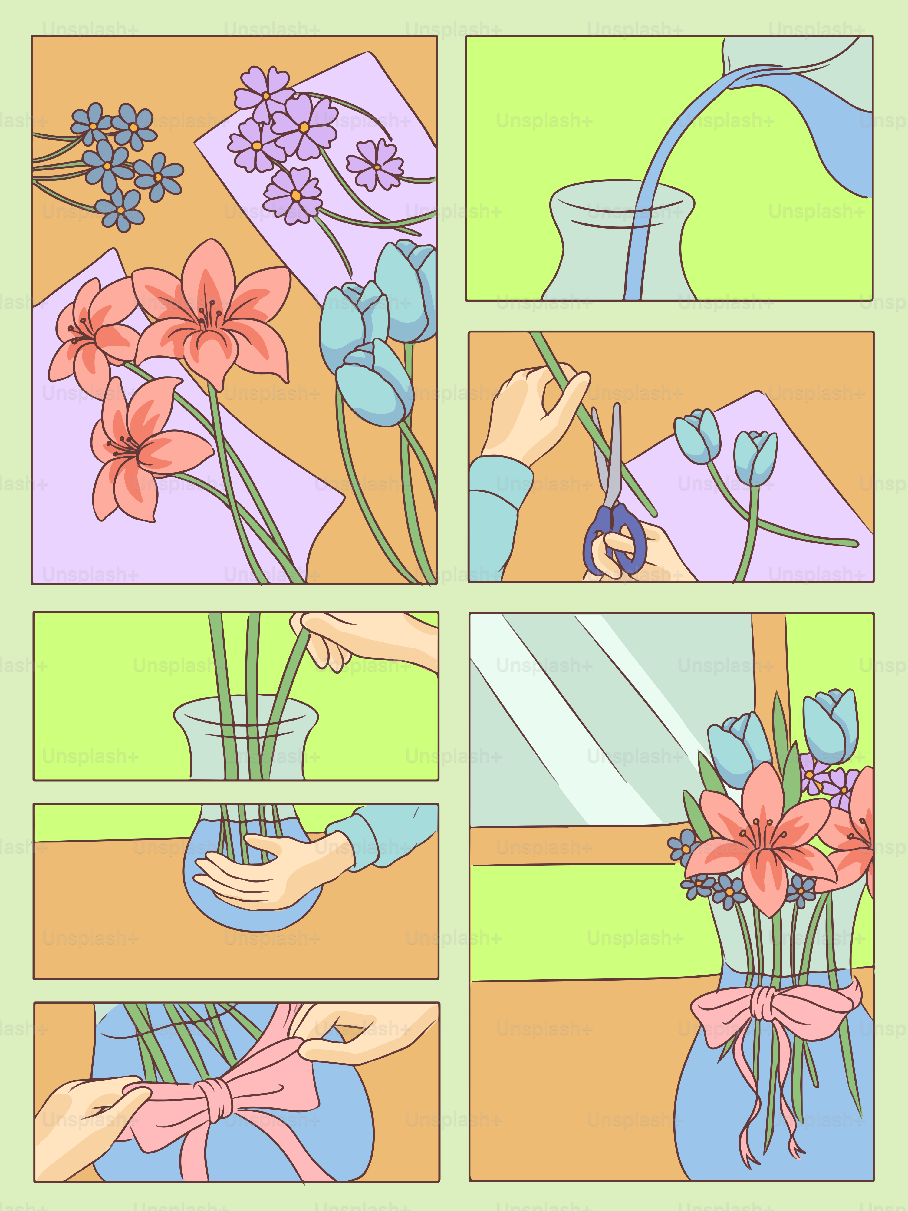 Flowers are arranged and tied in a vase.