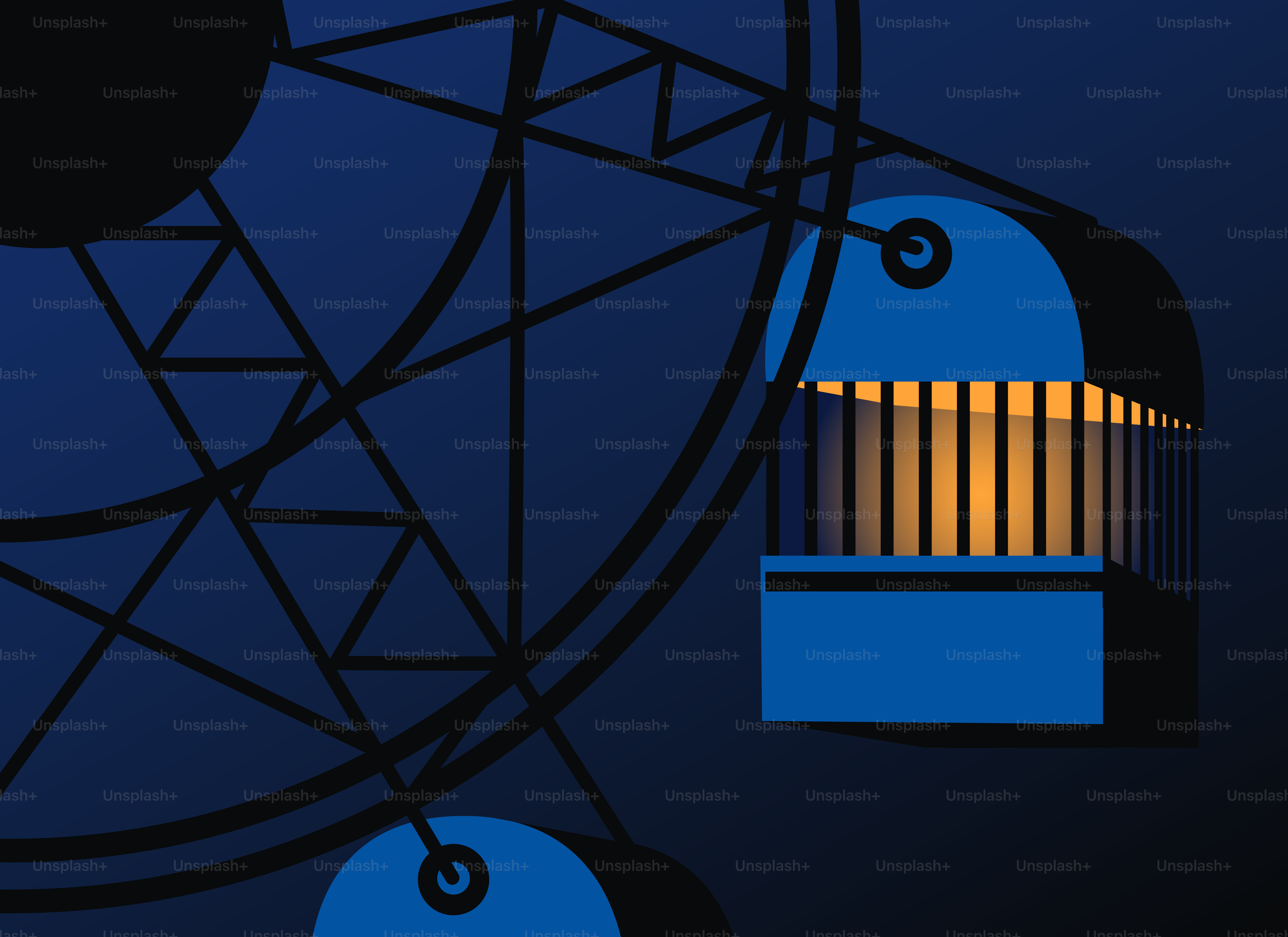 A ferris wheel cabin glows at night.