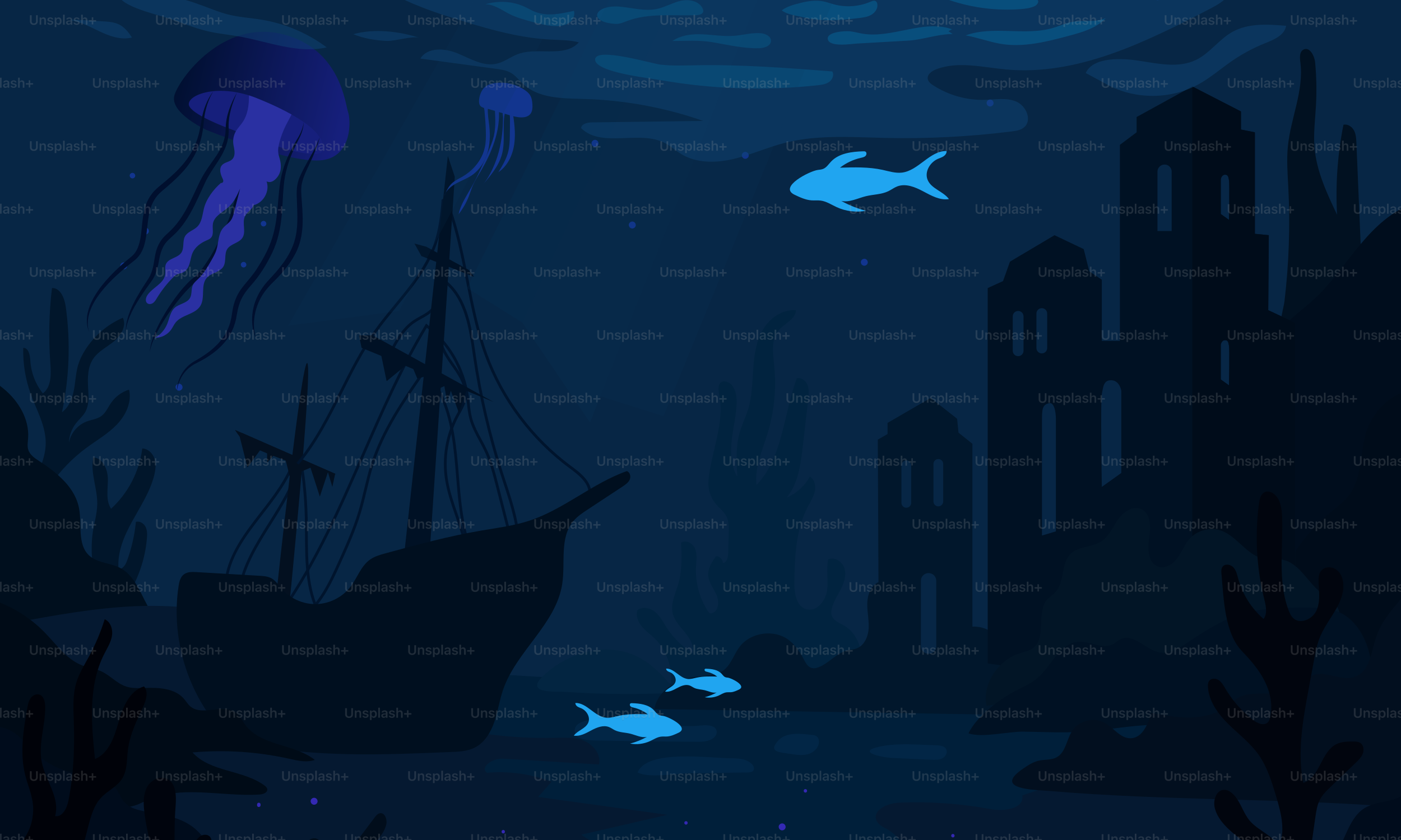 Underwater scene with a shipwreck and fish.