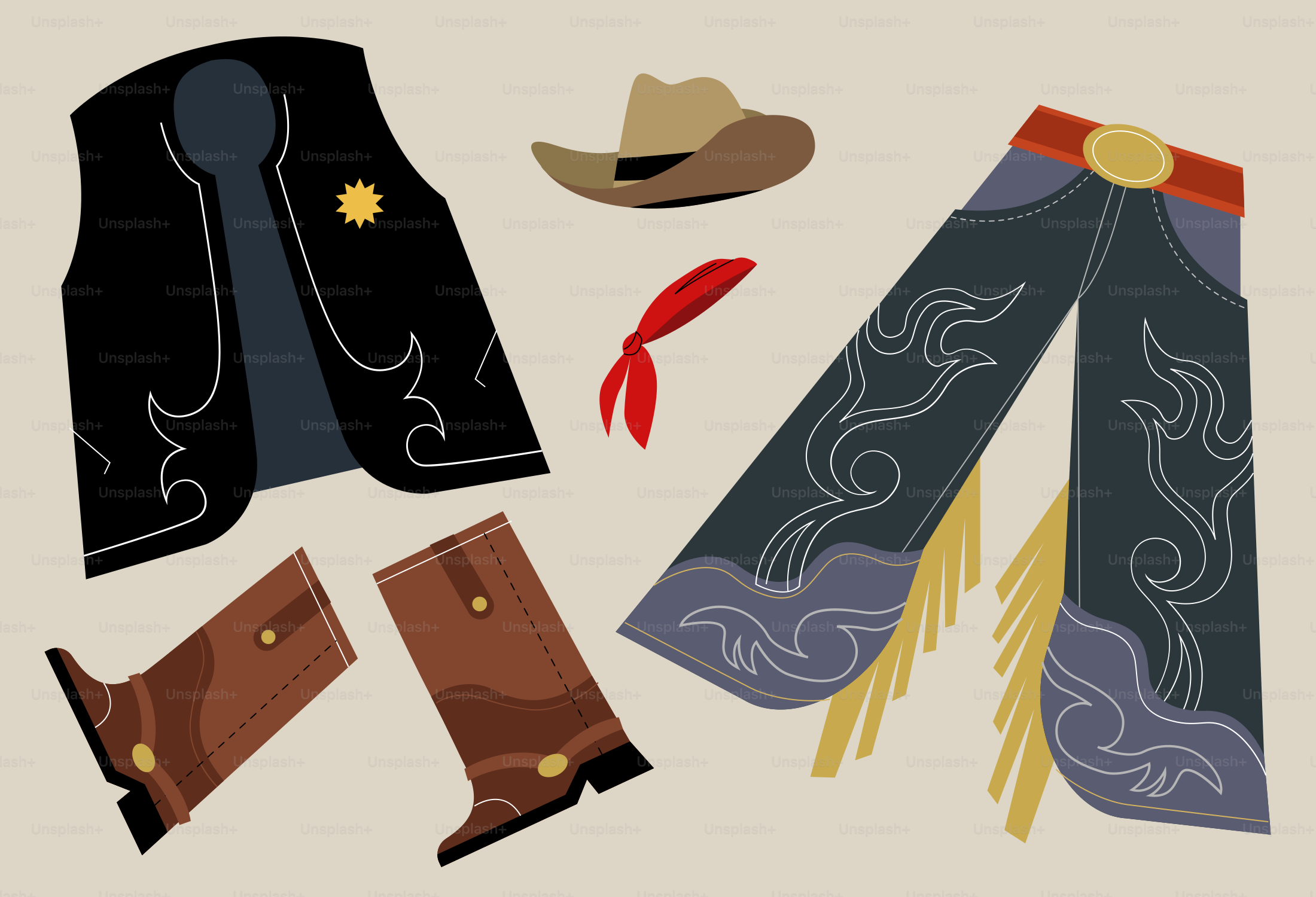 Cowboy attire, including boots, vest, and hat.