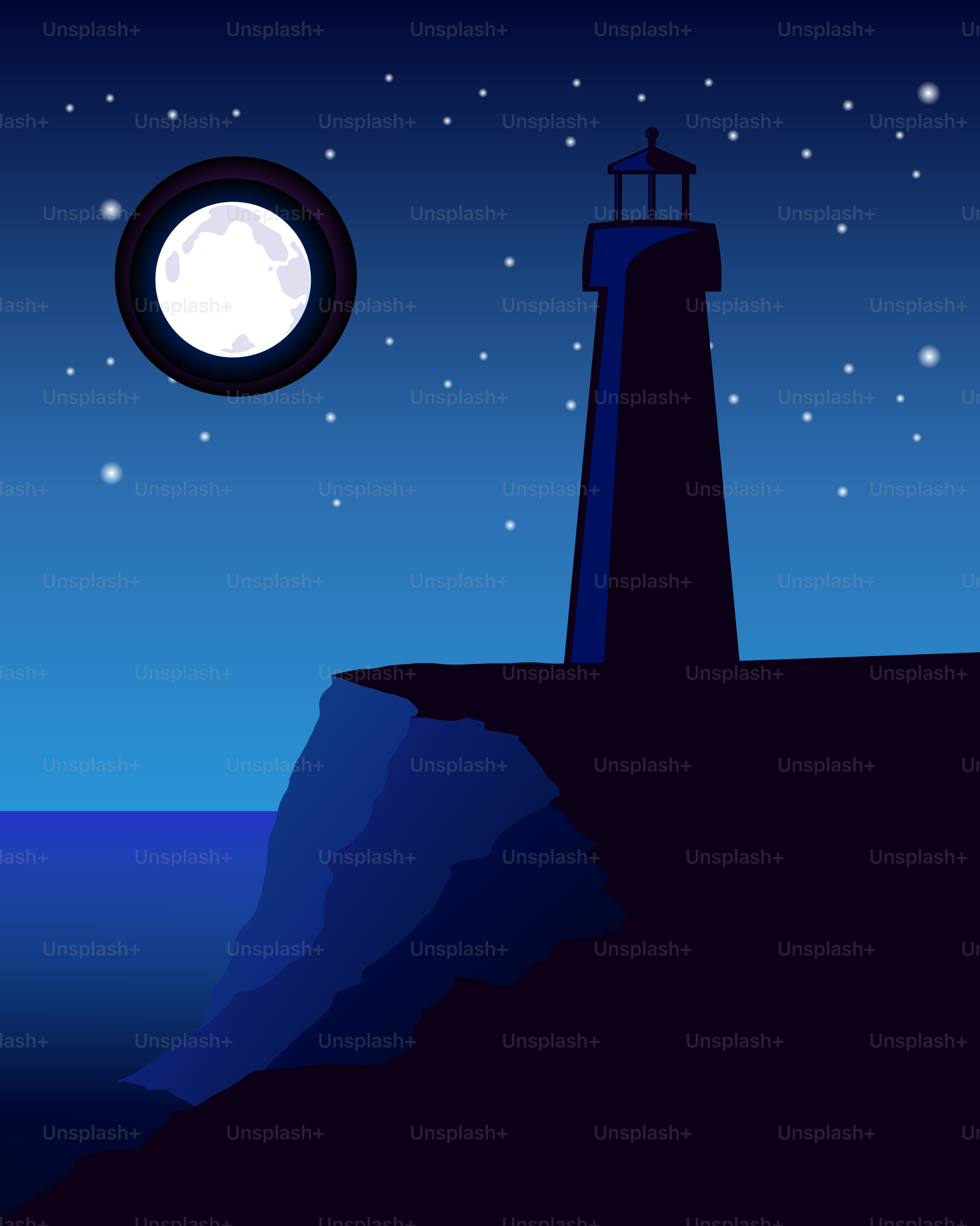 A lighthouse stands under a bright, full moon.