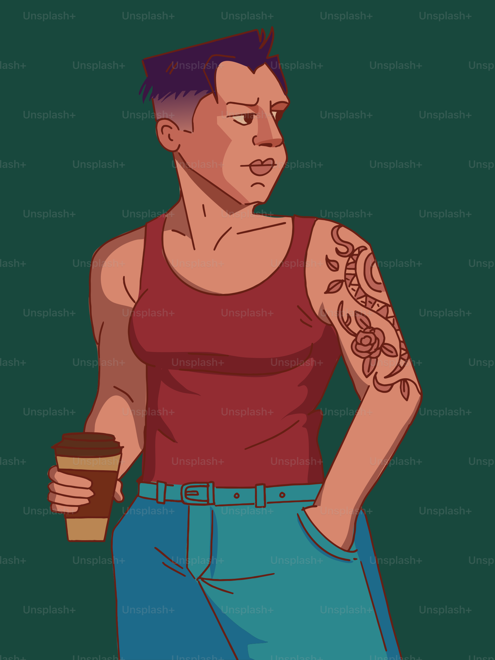 A tattooed person with a coffee looks to the side.