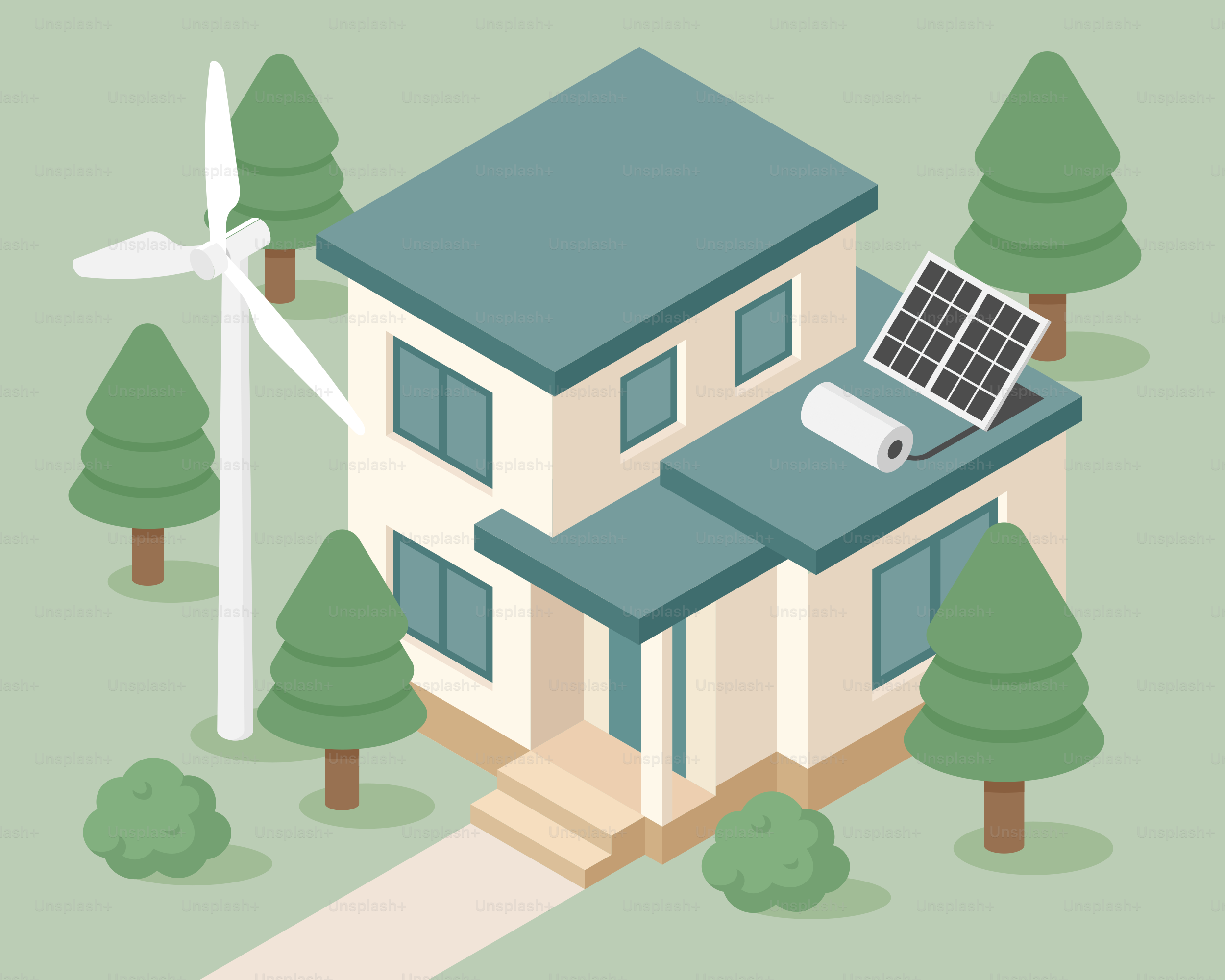 Maison écologique avec panneaux solaires et éolienne.