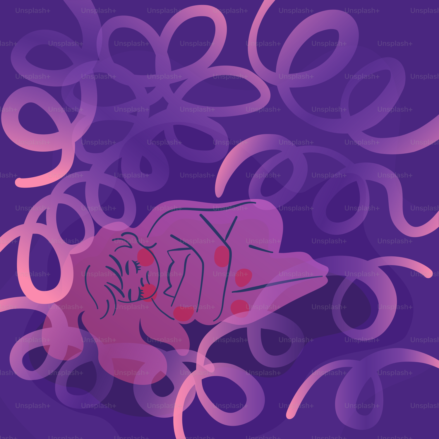 A sleeping person surrounded by abstract, curly shapes.