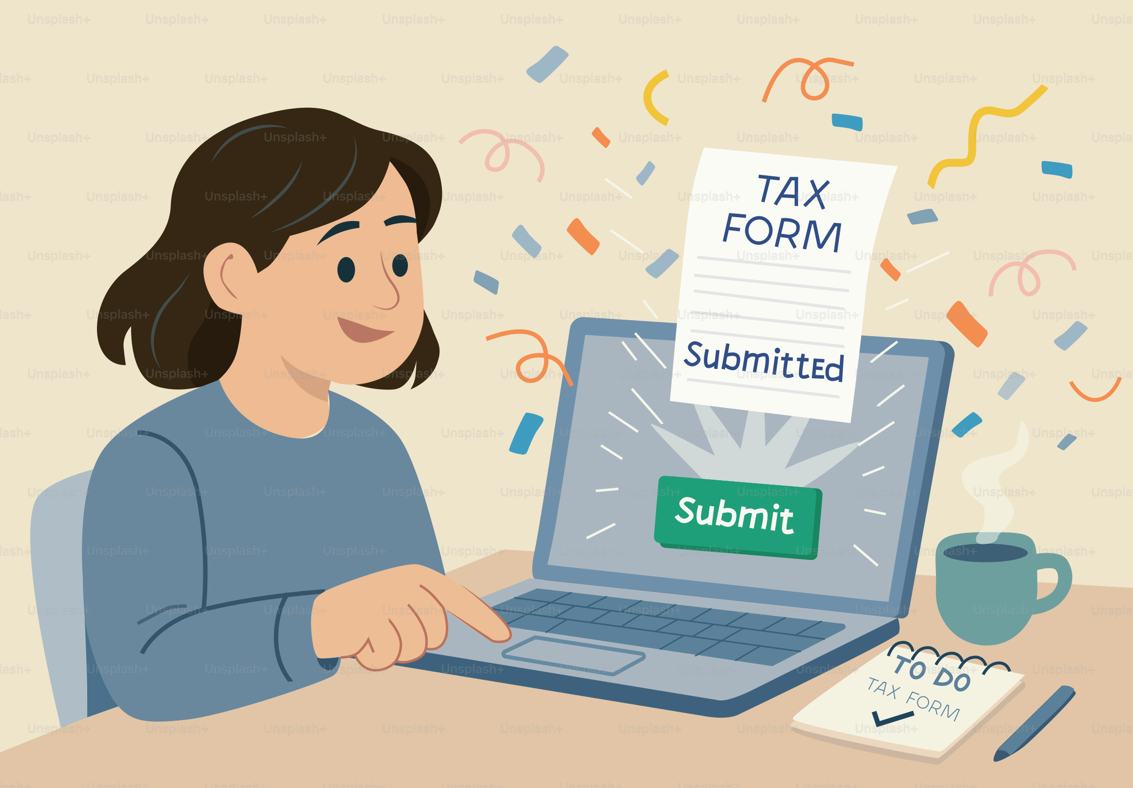 A woman submits tax form online and celebrates.