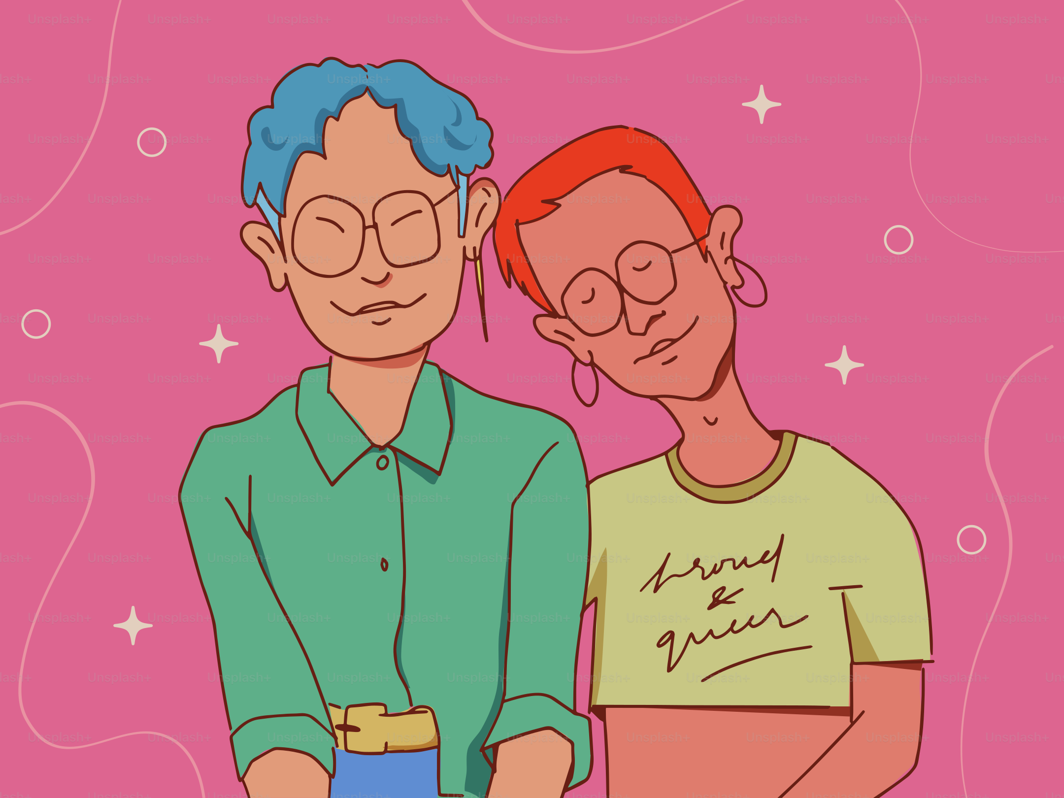 Two smiling people are embracing, one is wearing a "proud & queer" shirt.