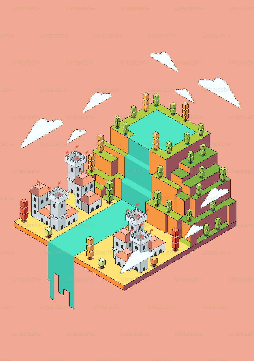 Isometric castle and waterfall illustration with cute details.