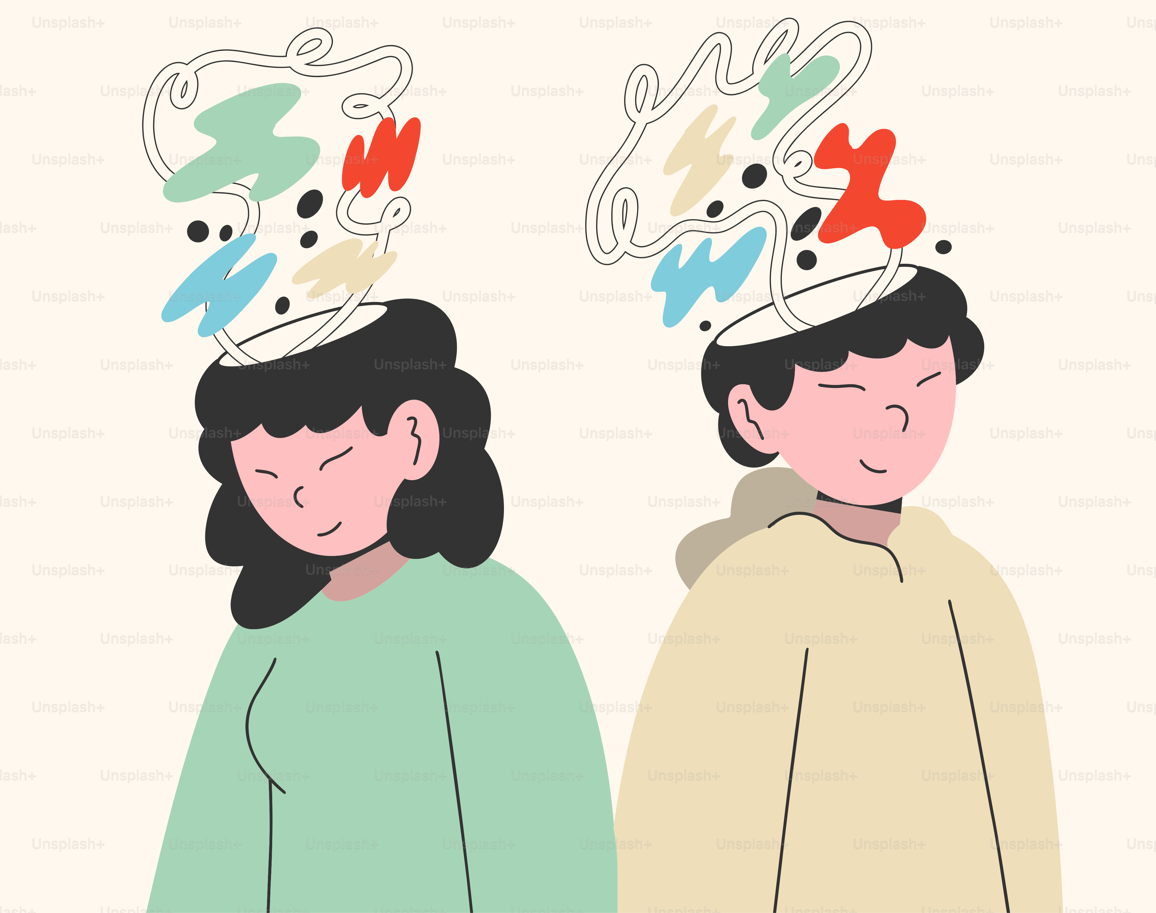 People with thoughts and ideas represented above their heads.