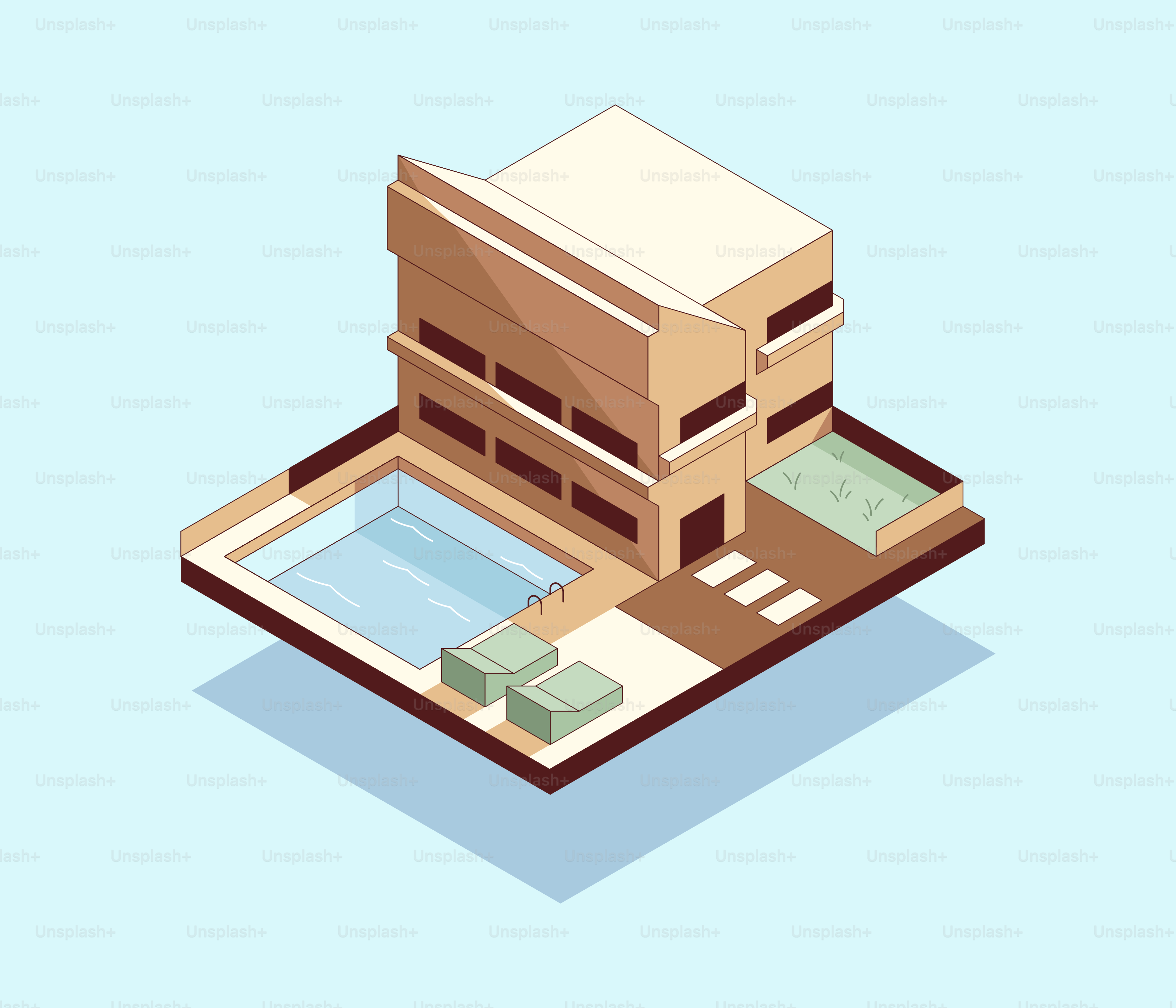 A modern house with a pool is depicted.