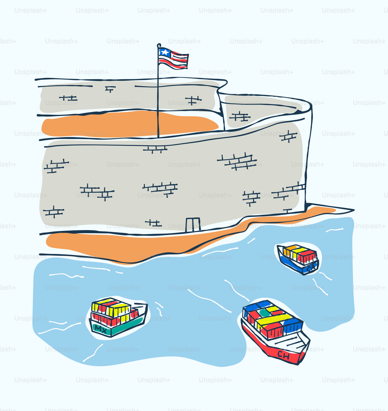 Cargo ships sail near a fort with a flag.