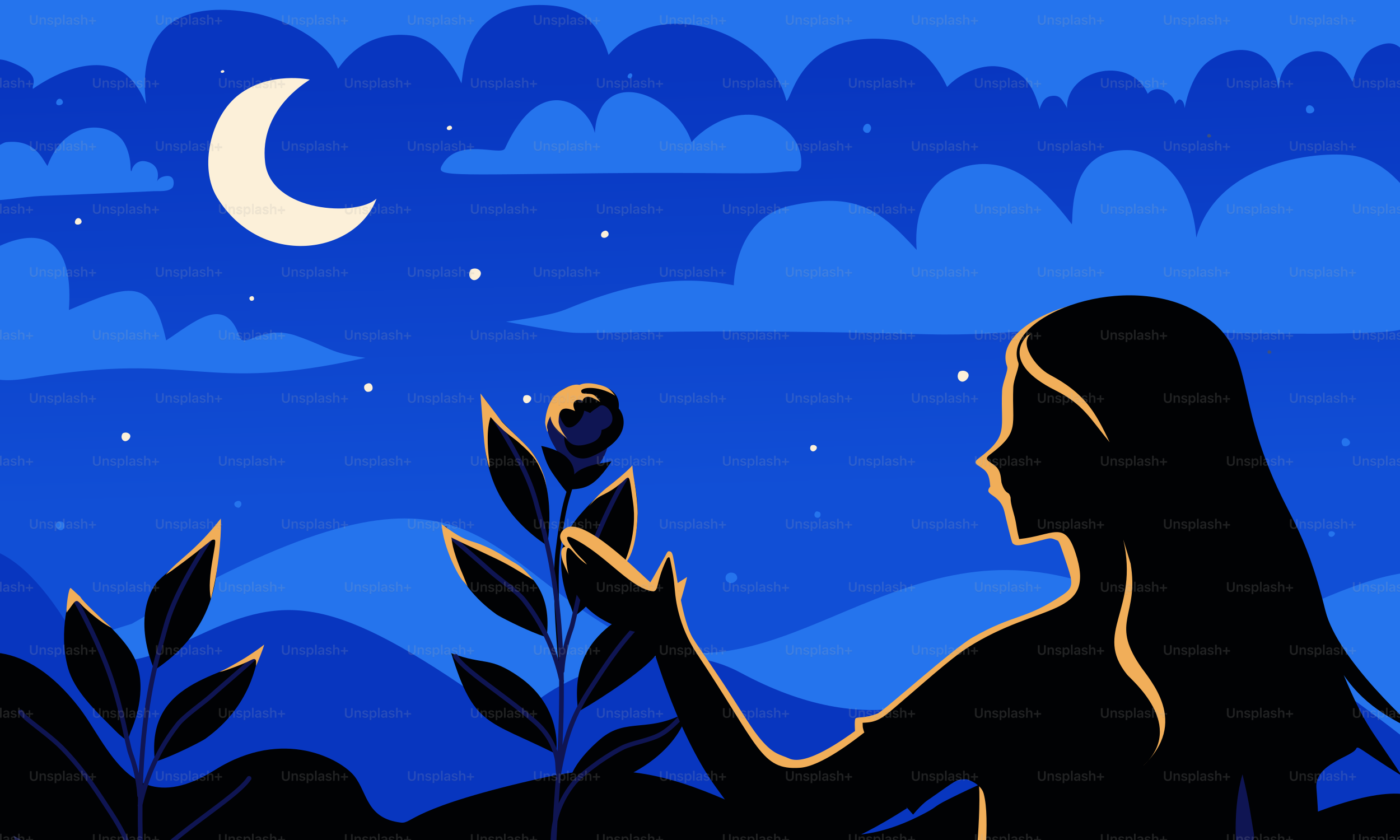 Una mujer busca una flor bajo el cielo nocturno.