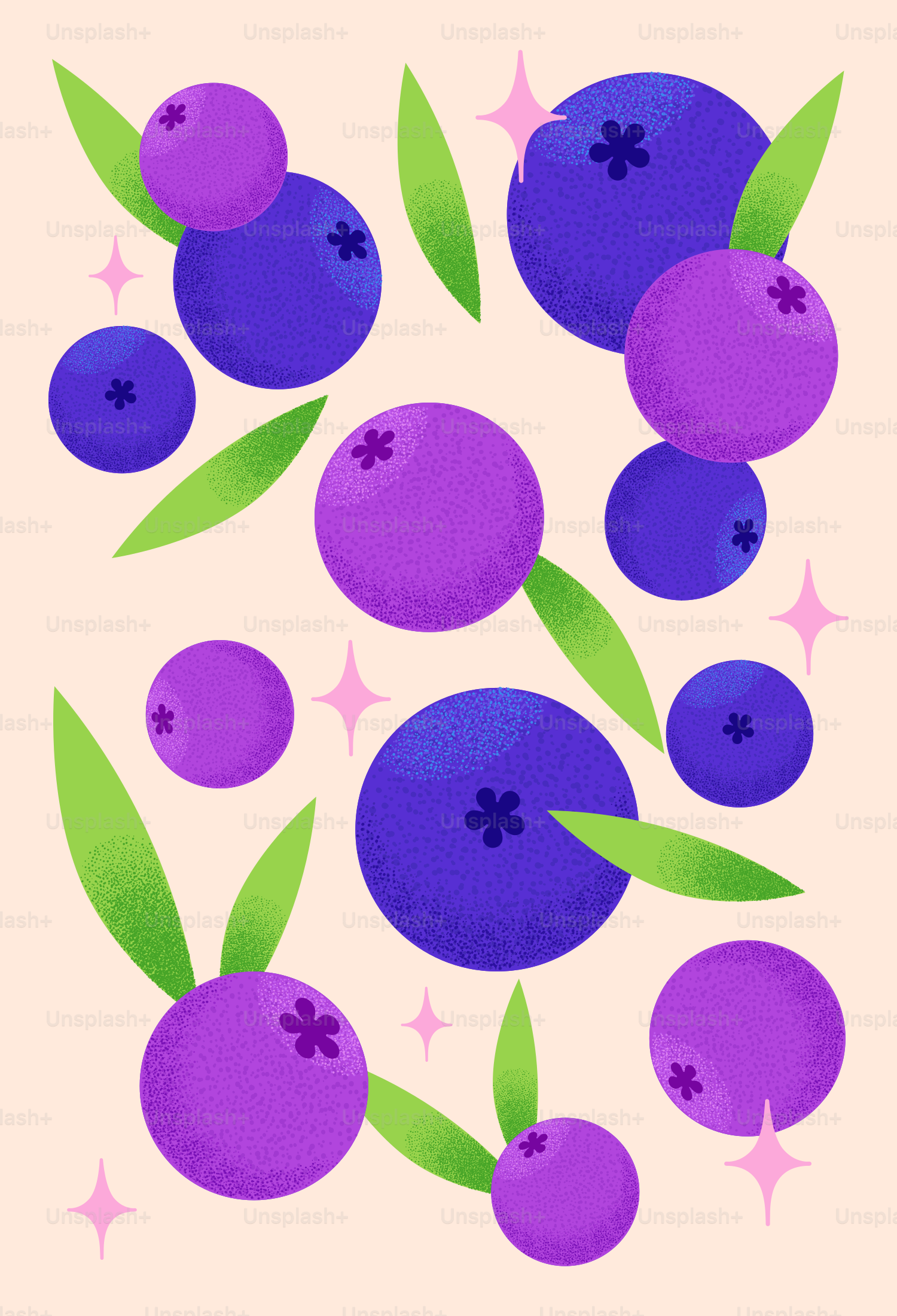 Los arándanos, las hojas y los destellos crean un patrón colorido.