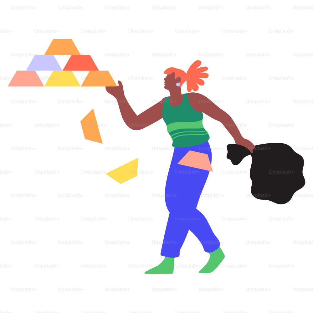 La mujer sostiene una bolsa mientras deja caer objetos coloridos.