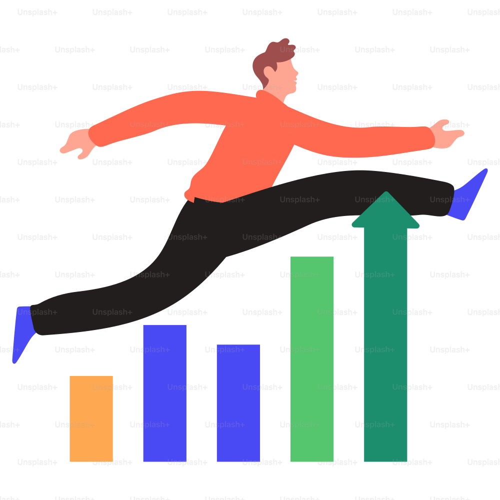 Man jumps over a bar graph with increasing value.