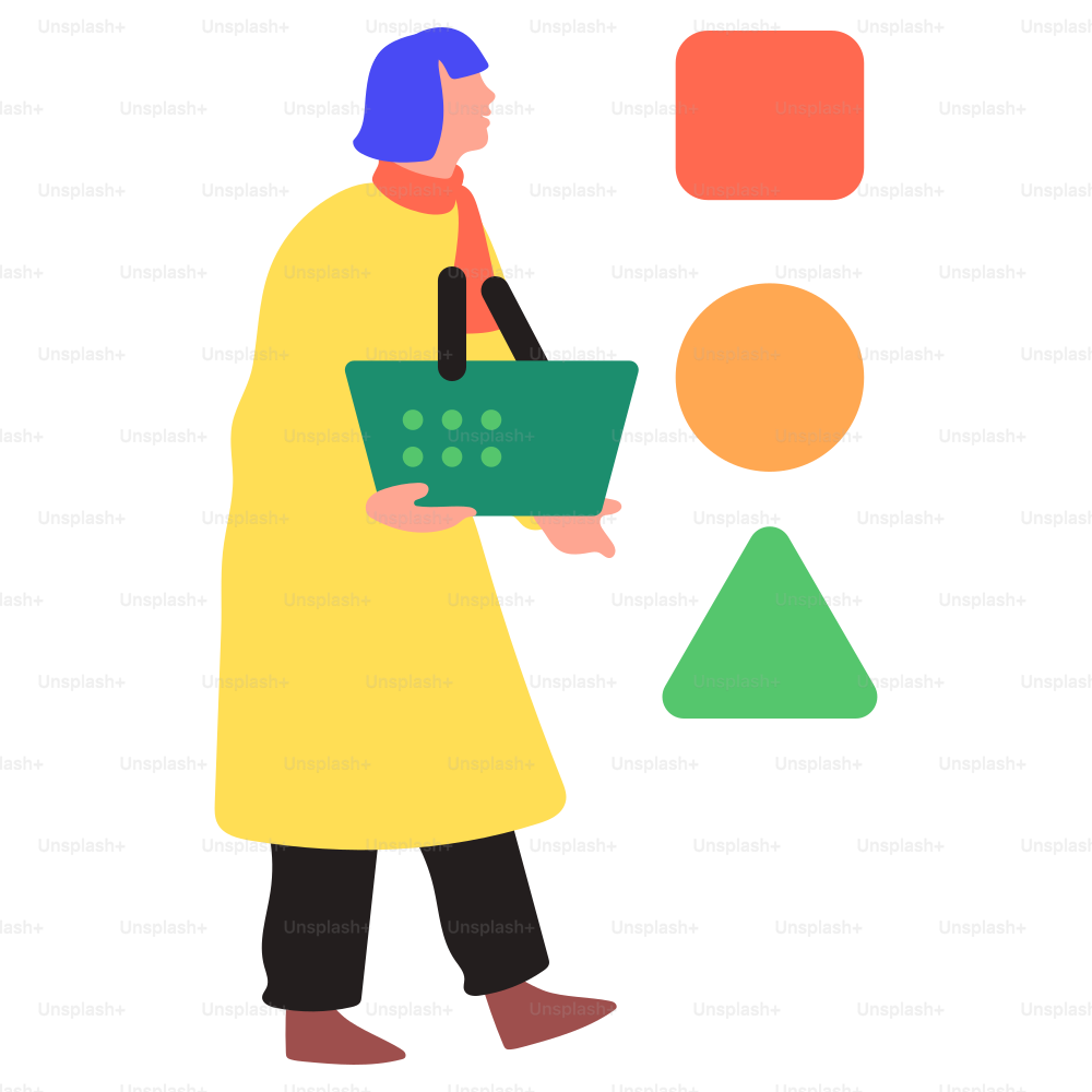 La mujer lleva una cesta cerca de coloridas formas geométricas.