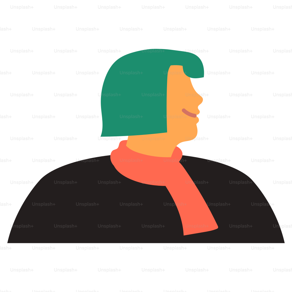Eine Person mit grünen Haaren und einem orangefarbenen Schal.