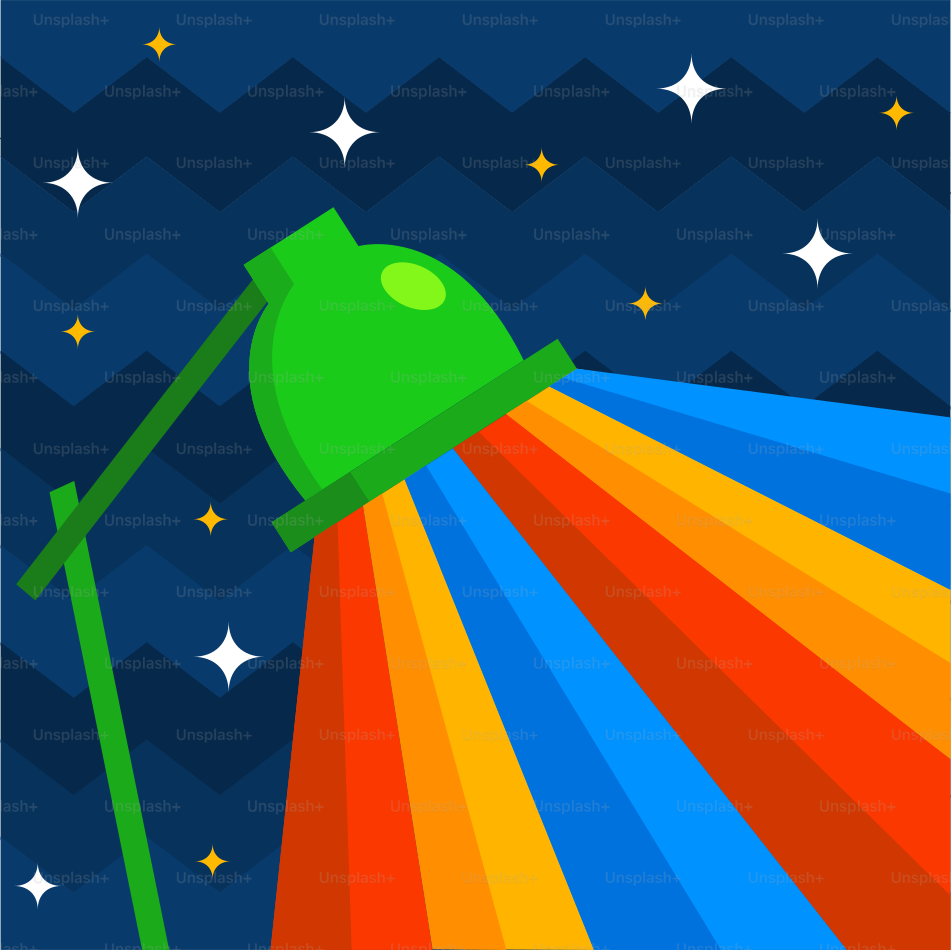 A lamp shines rainbow light into the dark sky.