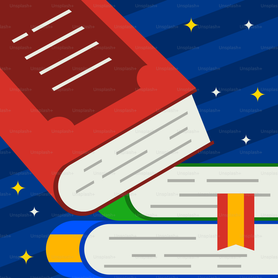 Books are stacked in a night sky.