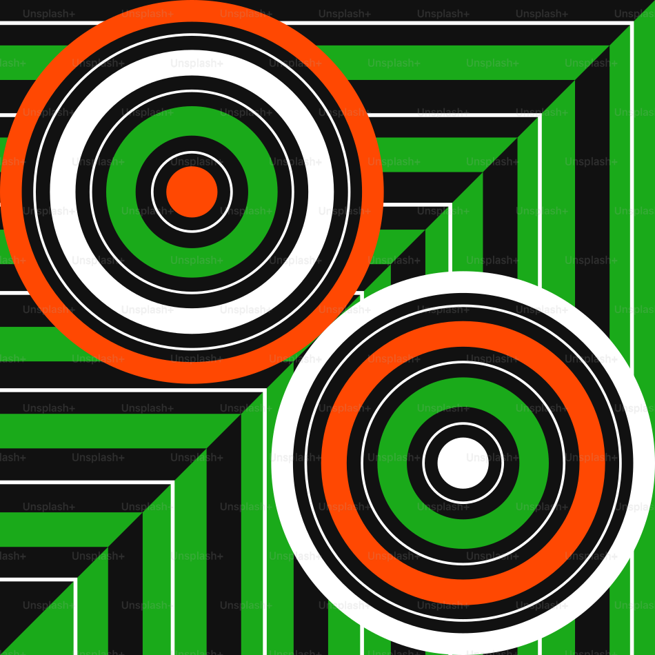 Circles overlap geometric lines in green and black.