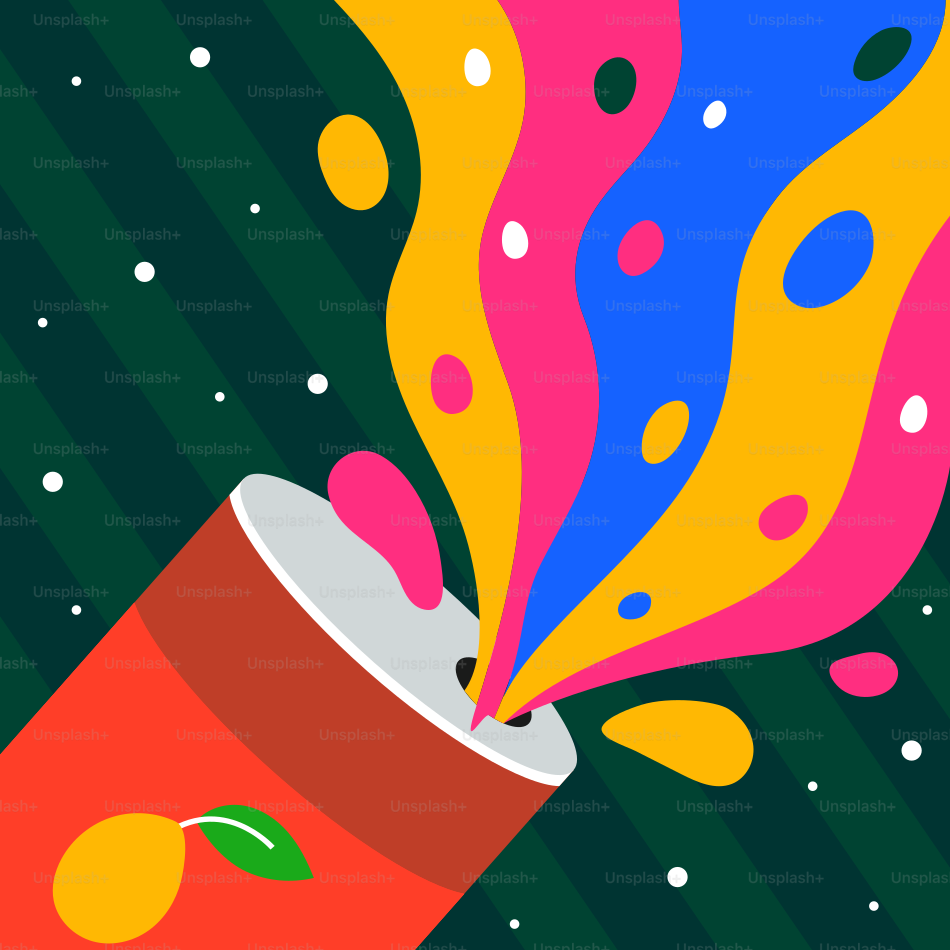 A soda can is bursting with colorful liquid.