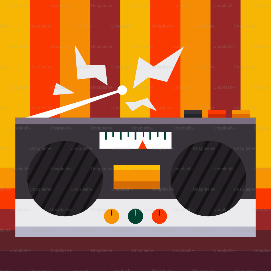 Retro boombox blasting music with static.