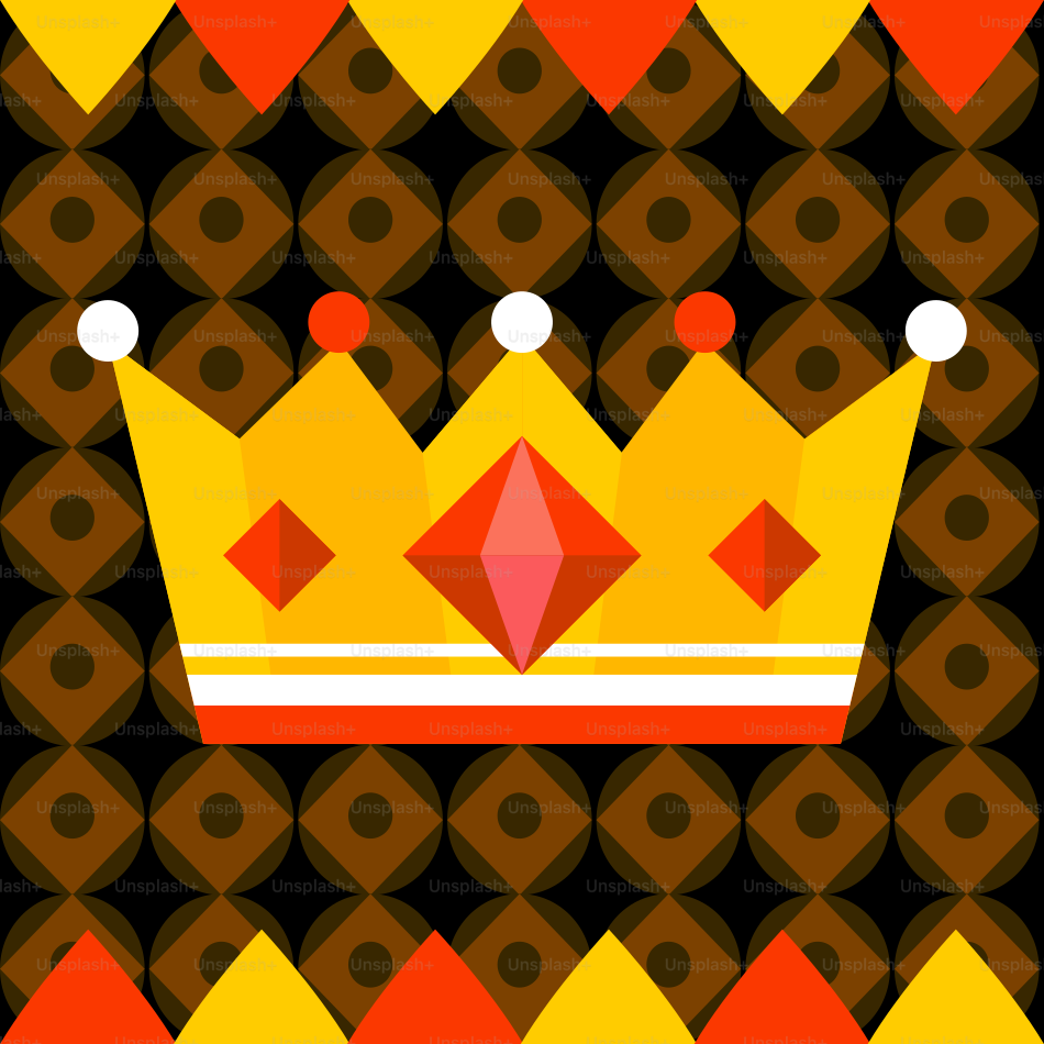 Eine goldene Krone mit Juwelen auf einem gemusterten Grund.