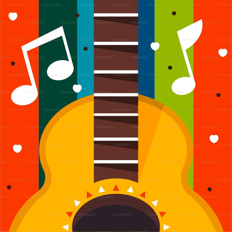 Um violão com notas musicais flutua no ar
