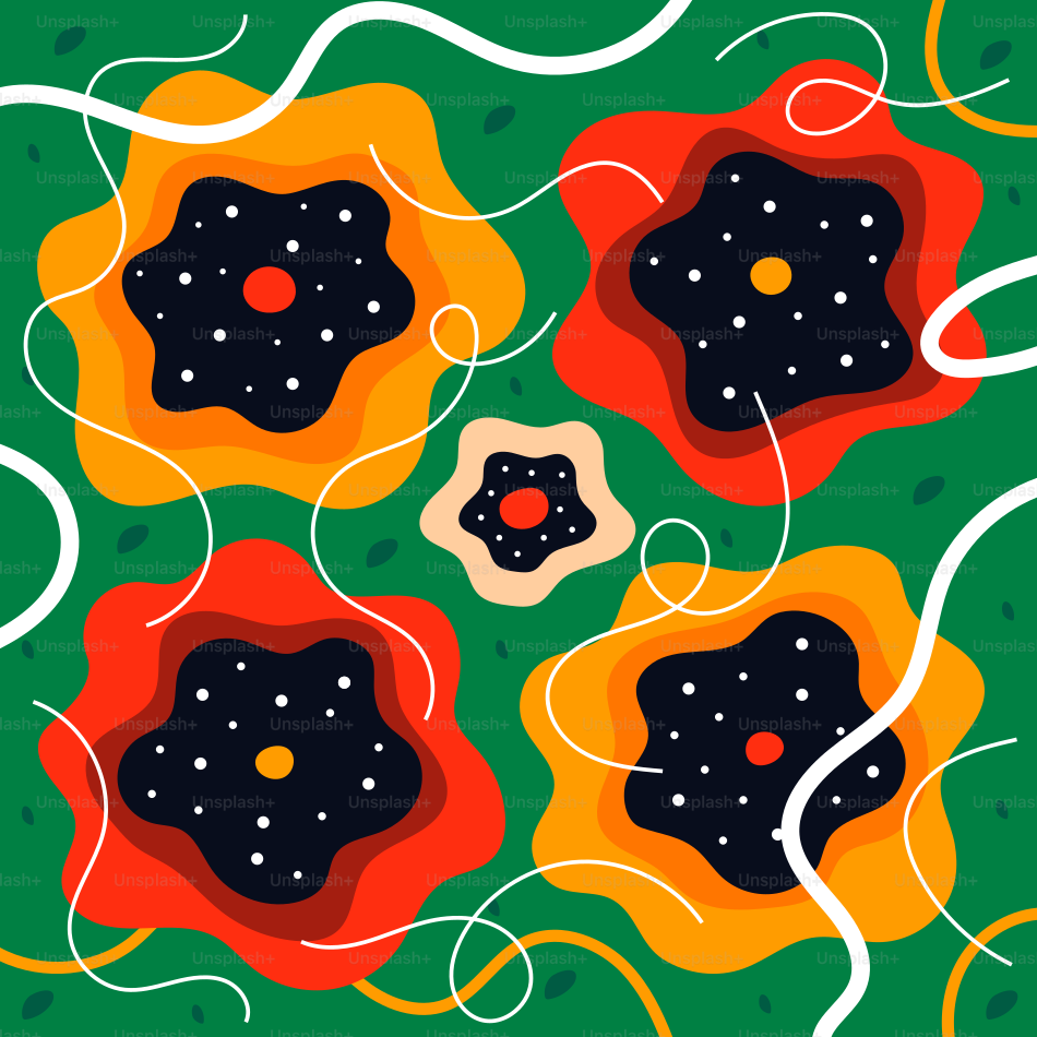 Stylized flowers bloom against a green background.
