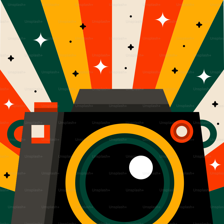 Ilustración de cámara con un colorido fondo retro.