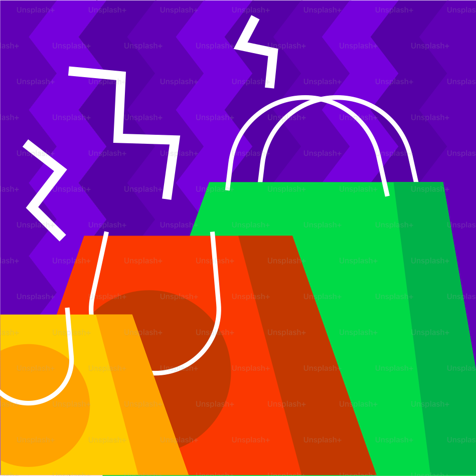 Shopping bags with lightning bolts indicate sale.