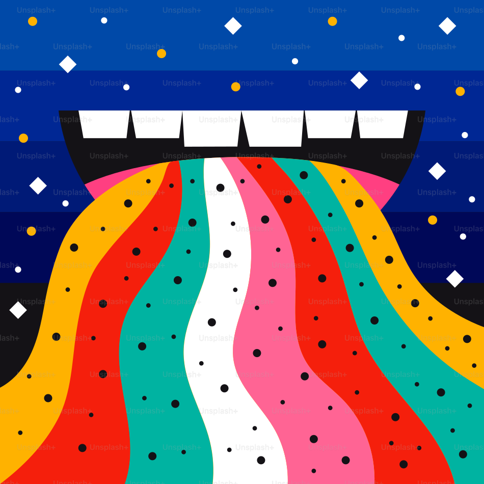 A mouth vomits a rainbow of colors.