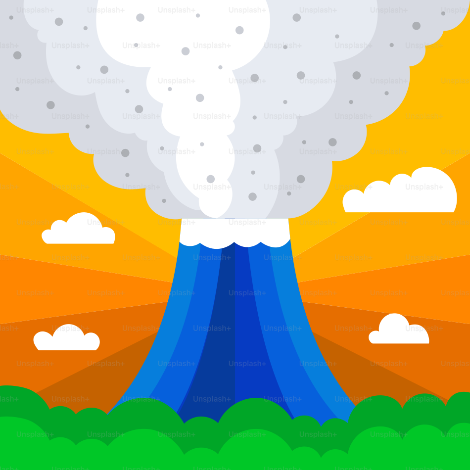 Uma erupção vulcânica com nuvens e um pôr do sol